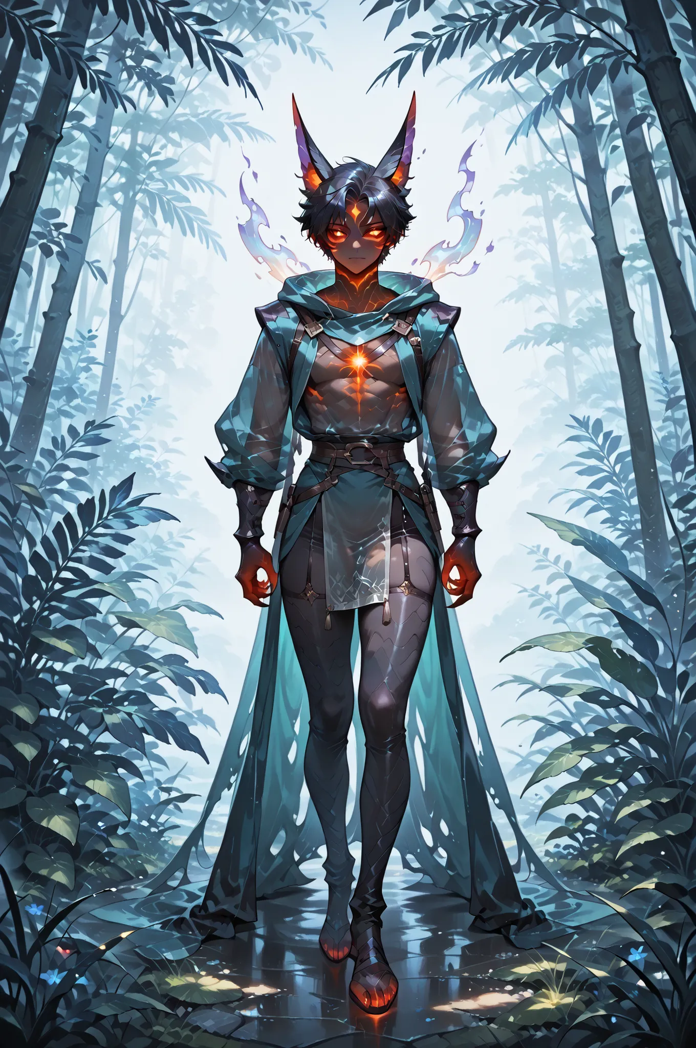 masterpiece, best quality, amazing quality, very aesthetic, a male red spirit-moth, translucent glowing, fantasy theme, full body fan art, amazing tropical forest background, depth of field