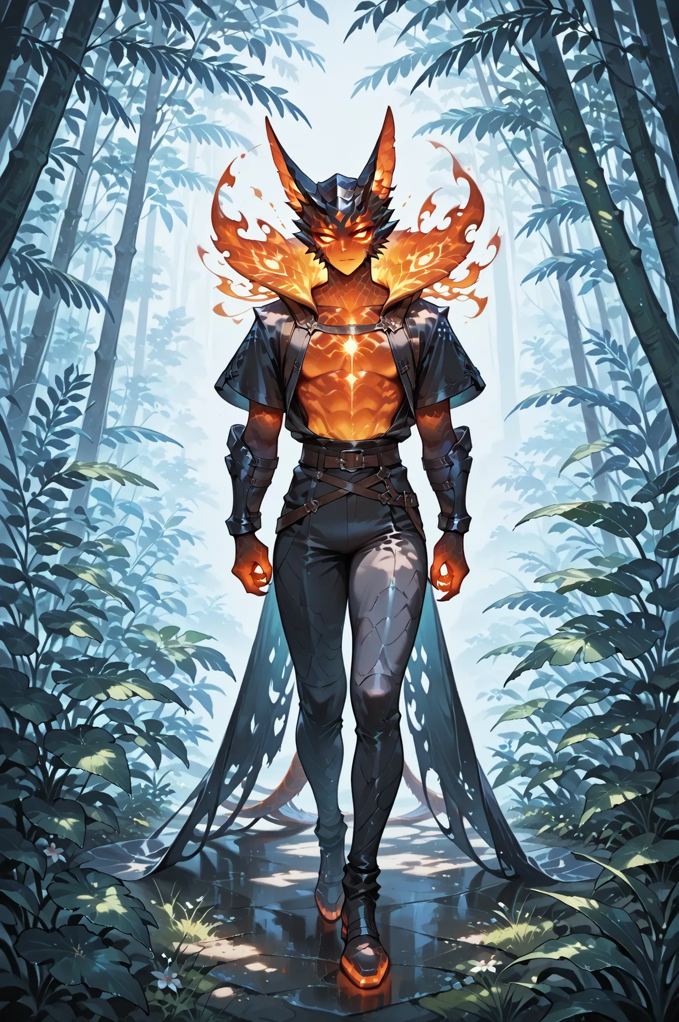 masterpiece, best quality, amazing quality, very aesthetic, a male red spirit-moth, translucent glowing, fantasy theme, full body fan art, amazing tropical forest background, depth of field