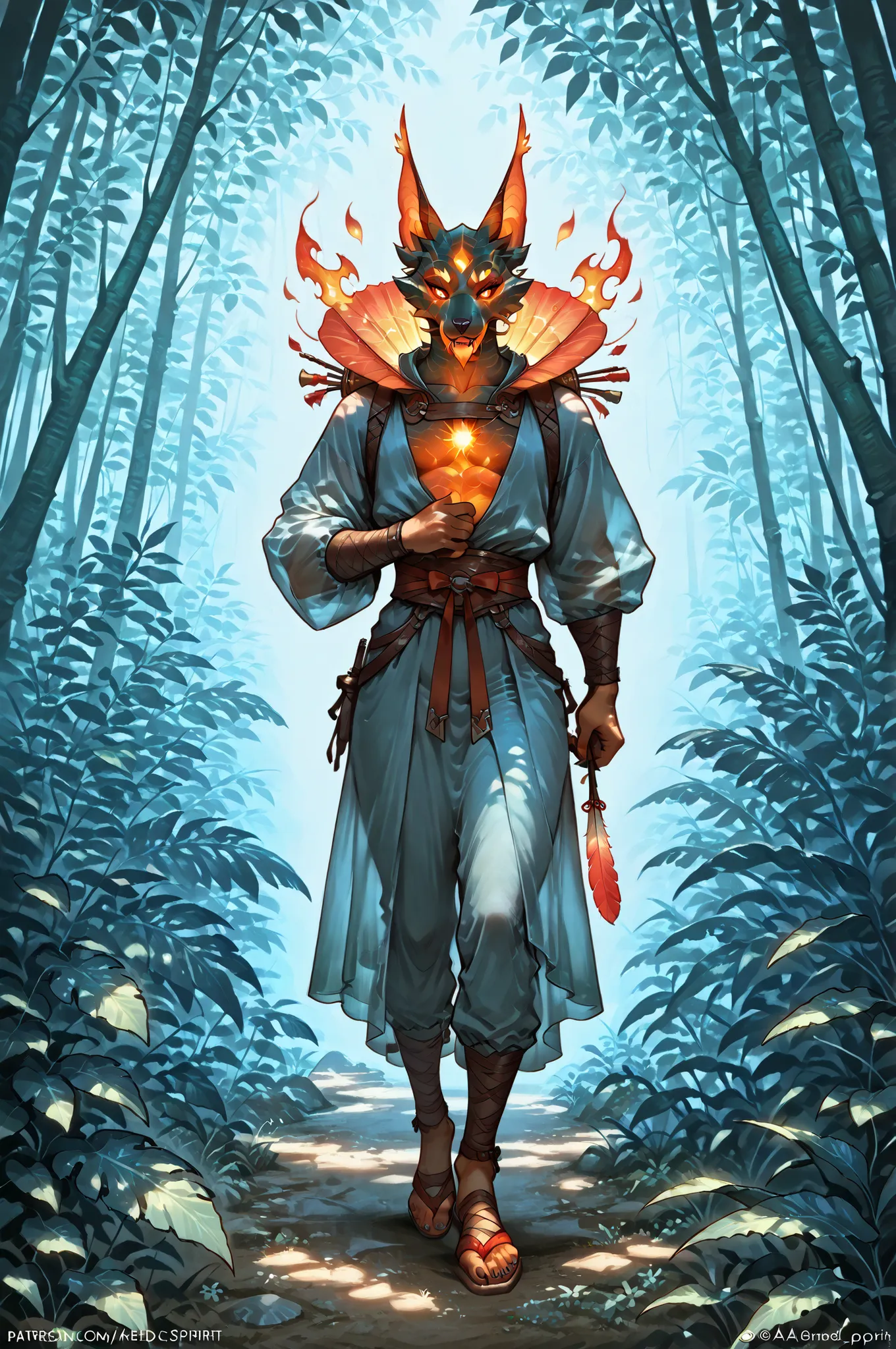 masterpiece, best quality, amazing quality, very aesthetic, a male red spirit-moth, translucent glowing, fantasy theme, full body fan art, amazing tropical forest background, depth of field