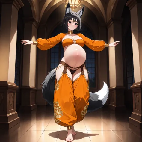 (1girl, solo, fox ears, black ears, fox tail, black tail, black hair, short hair, beautiful face, black eyes, beautiful breasts, navel, pregnant, wide hips, harem outfit, bandeau top, long sleeves, panties, harem pants, chaps pants, oversized pants, bare f...