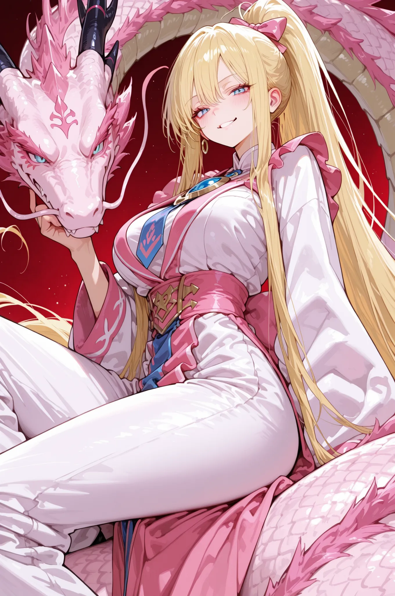 ONES,748cmstyle,anime, Nice human girl magician, intense lightblue eyes, very long long long ponytail blonde hair, smirk, rides a Fierce Big Pink ancient Dragon in background.