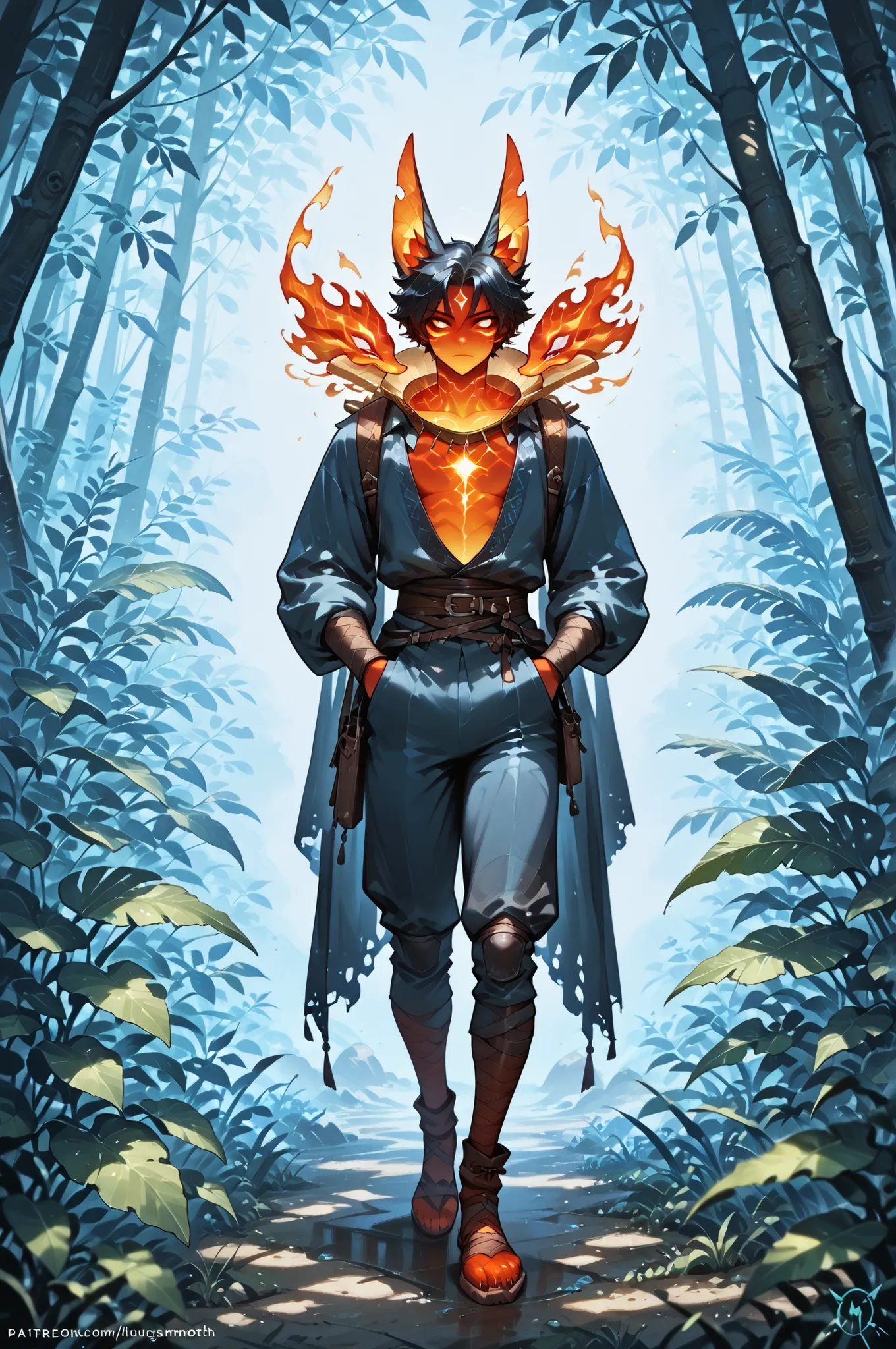 masterpiece, best quality, amazing quality, very aesthetic, a male red spirit-moth, translucent glowing, fantasy theme, full body fan art, amazing tropical forest background, depth of field.
