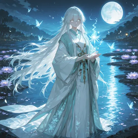 748cmstyle,1woman, Spirit guide of the moon, Flowing white hair with soft lavender tint, Pale blue glowing eyes, Wearing soft layered kimono with moon and lotus motifs, Holding a floating lantern with glowing butterflies, Surrounded by drifting sakura peta...