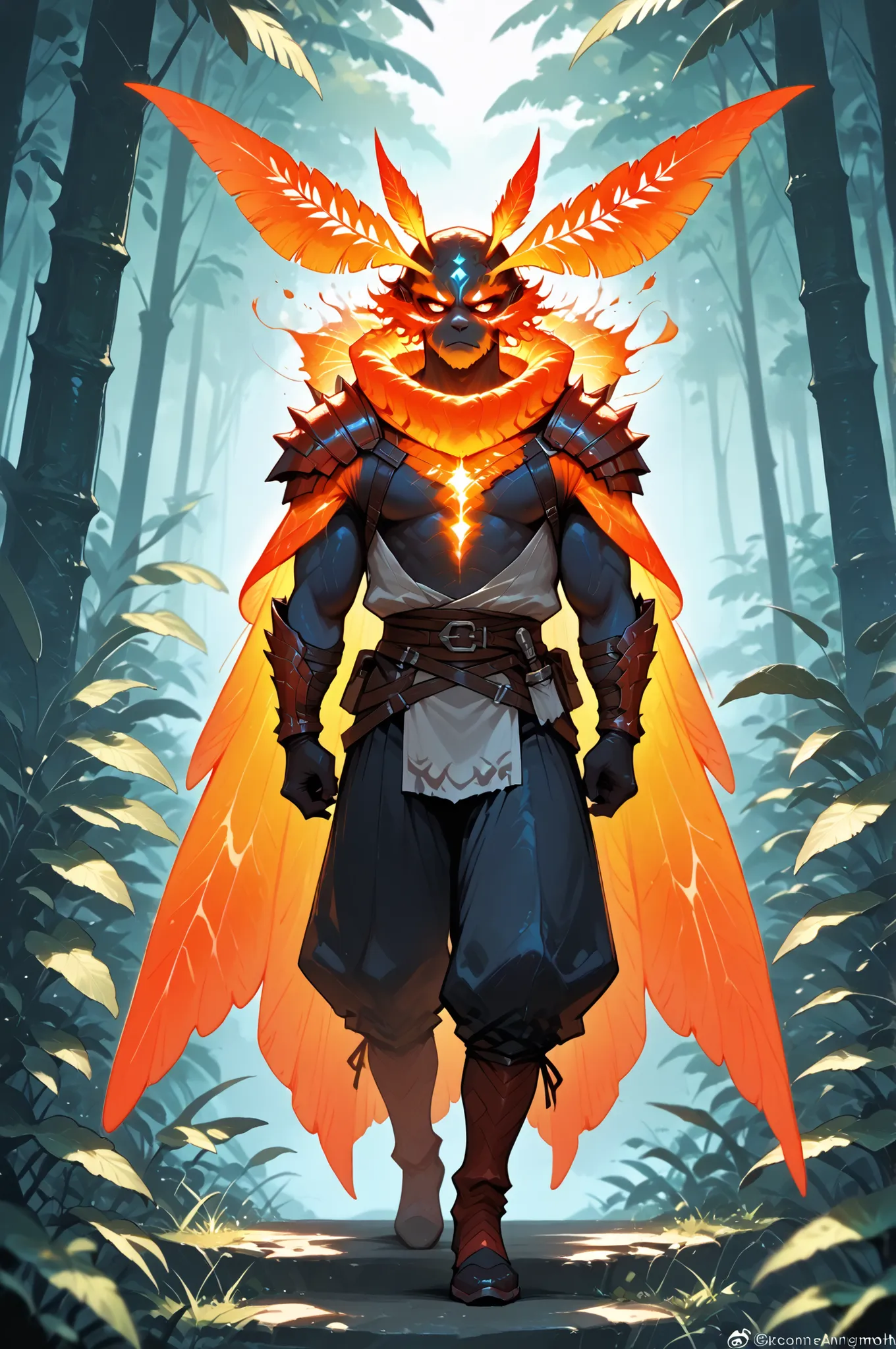masterpiece, best quality, amazing quality, very aesthetic, a male red spirit-moth, translucent glowing, fantasy theme, full body fan art, amazing tropical forest background, depth of field