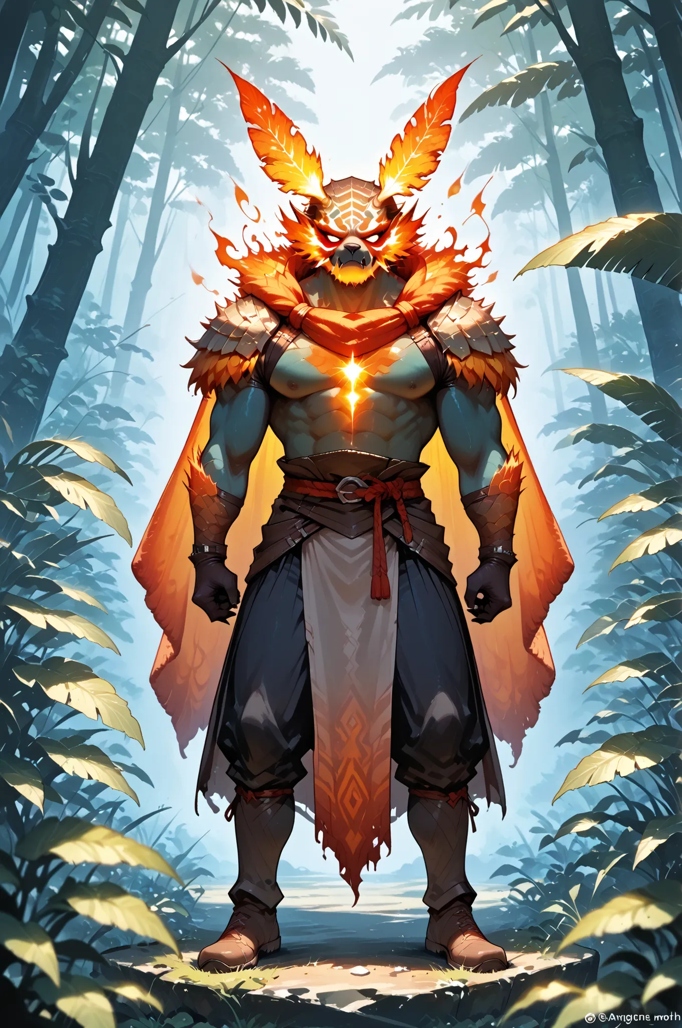 masterpiece, best quality, amazing quality, very aesthetic, a male red spirit-moth, translucent glowing, fantasy theme, full body fan art, amazing tropical forest background, depth of field