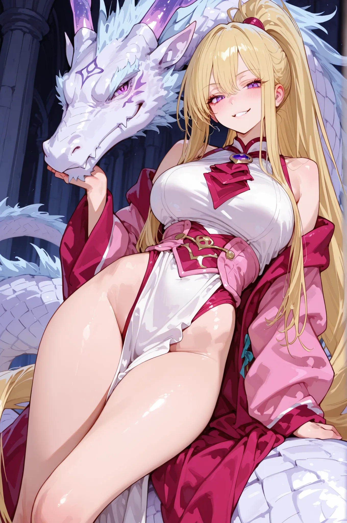 ONES,748cmstyle,anime, Nice human girl magician, intense purple eyes, very long long long ponytail blonde hair, smirk, rides a Fierce Big Pink ancient Dragon in background.