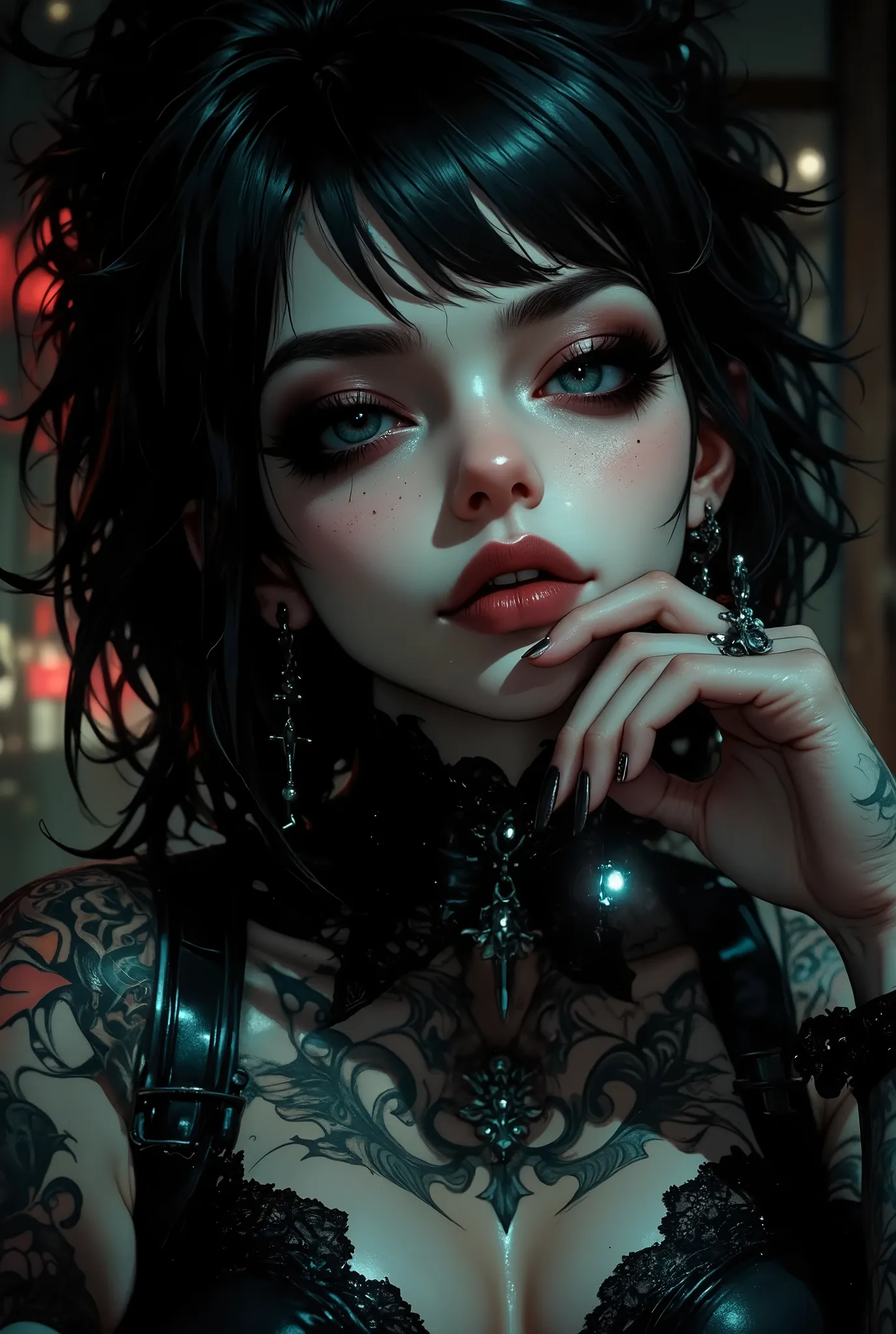 highres face closeup photograph of a beautiful young woman. her head is slightly tilted and her one hand rests gently at her chin in an sensual expression. she has a pale complexion and bold dark eye makeup and lipstick. her black, medium length goth hairs...