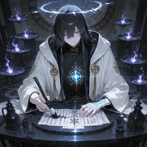 748cmstyle,1man, Blind celestial calligrapher, Long tied-up grey-black hair, Pale unseeing eyes, Wearing simple but elegant robes stained with ink, Holding an ink brush glowing faintly with celestial energy, Surrounded by floating scrolls and celestial kan...