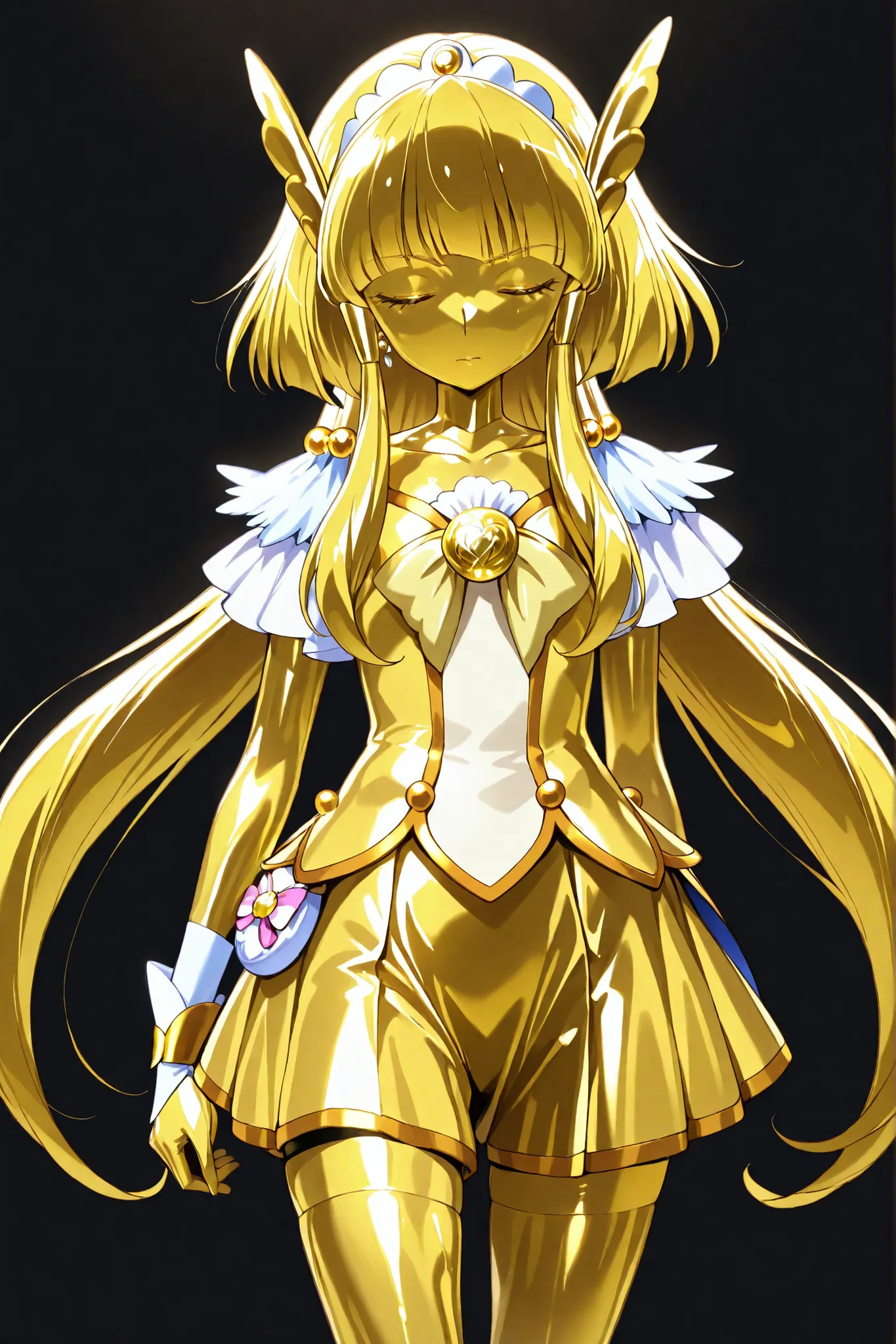 cure beauty, masterpiece, best quality, Newest, very high definition, closed eyes, yellow hair,  yellow sclera, closed mouth, No students, Yellow skin, shiny skin,  metal skin, Black eyebrows, 1girl, solo, cowboy shot, standing, Dynamic, viewers in the sta...