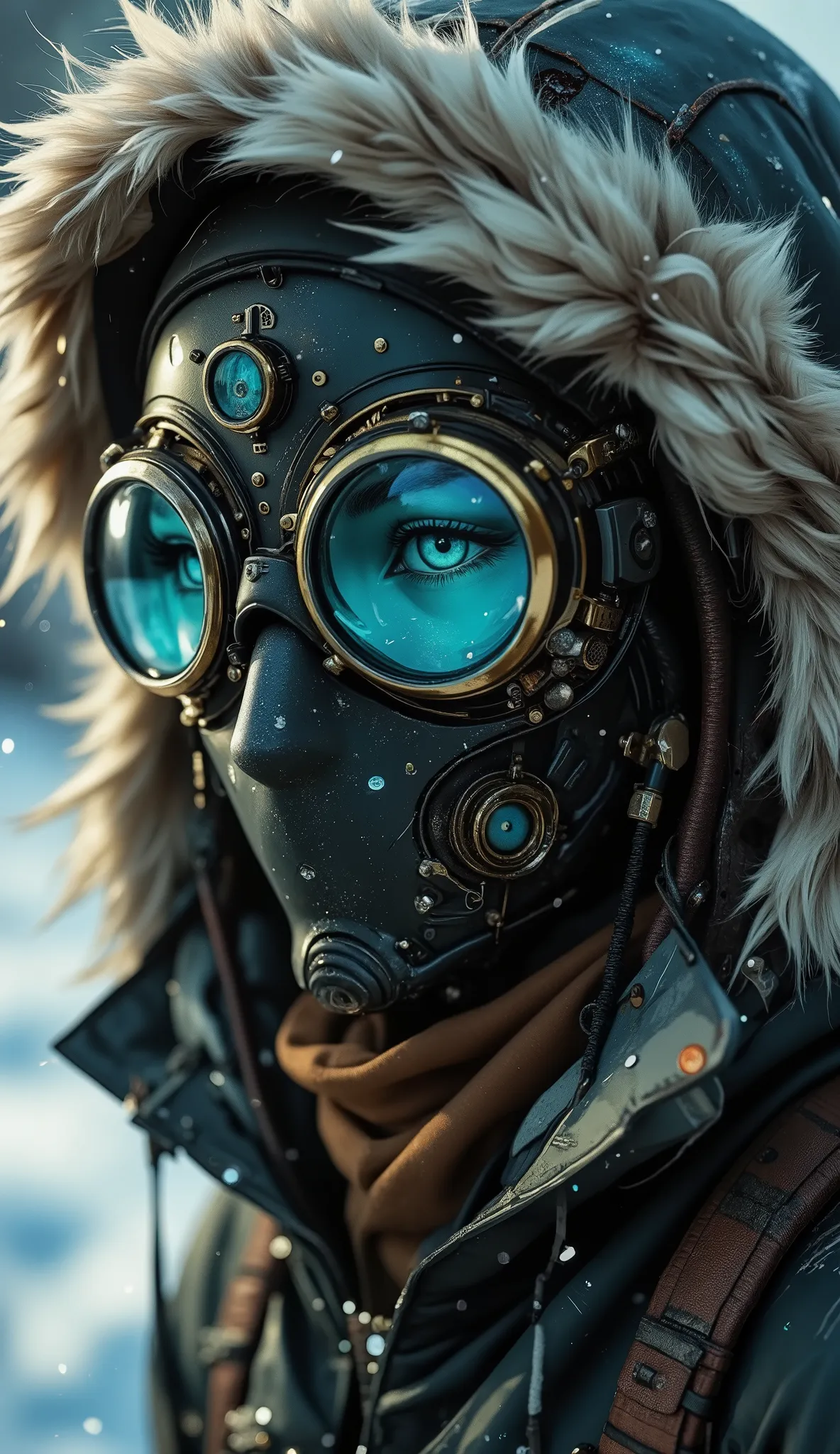 Masterpiece, Top Quality, winter explorer, fur-lined hood, steampunk goggles, piercing blue eyes, face mask, snowy landscape reflection, extreme cold, sci-fi atmosphere, detailed portrait, icy tones, dramatic lighting, futuristic arctic gear, mysterious ga...