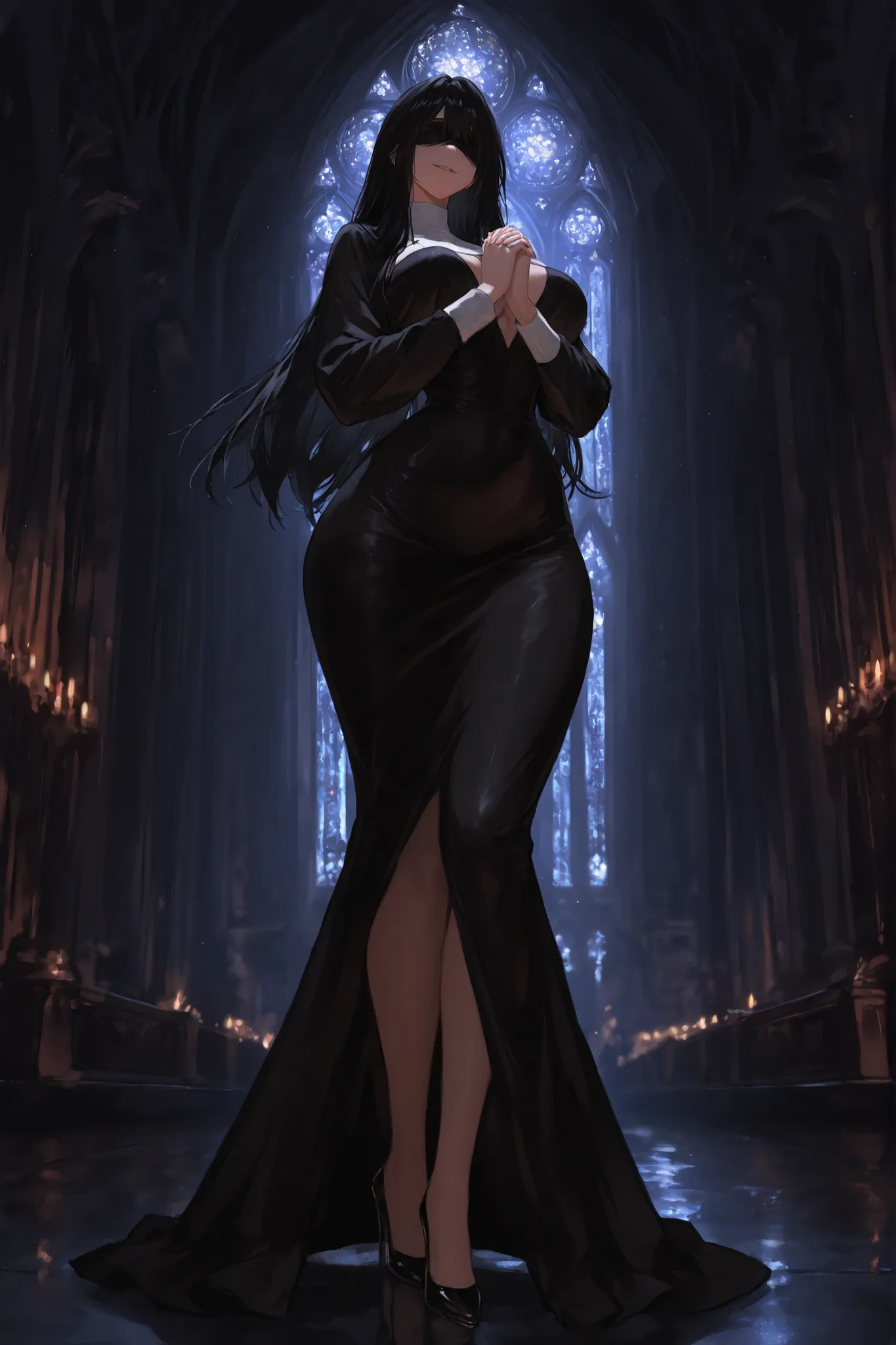 Masterpiece, best quality, newest, absurdres, solo, 1girl, a tall, curvy anime woman with wide hips and big , small waist, beautiful face, 1girl, black hair, straight long hair, black dress, wearing a blind fold, high heels, gentle smile, hands together, p...