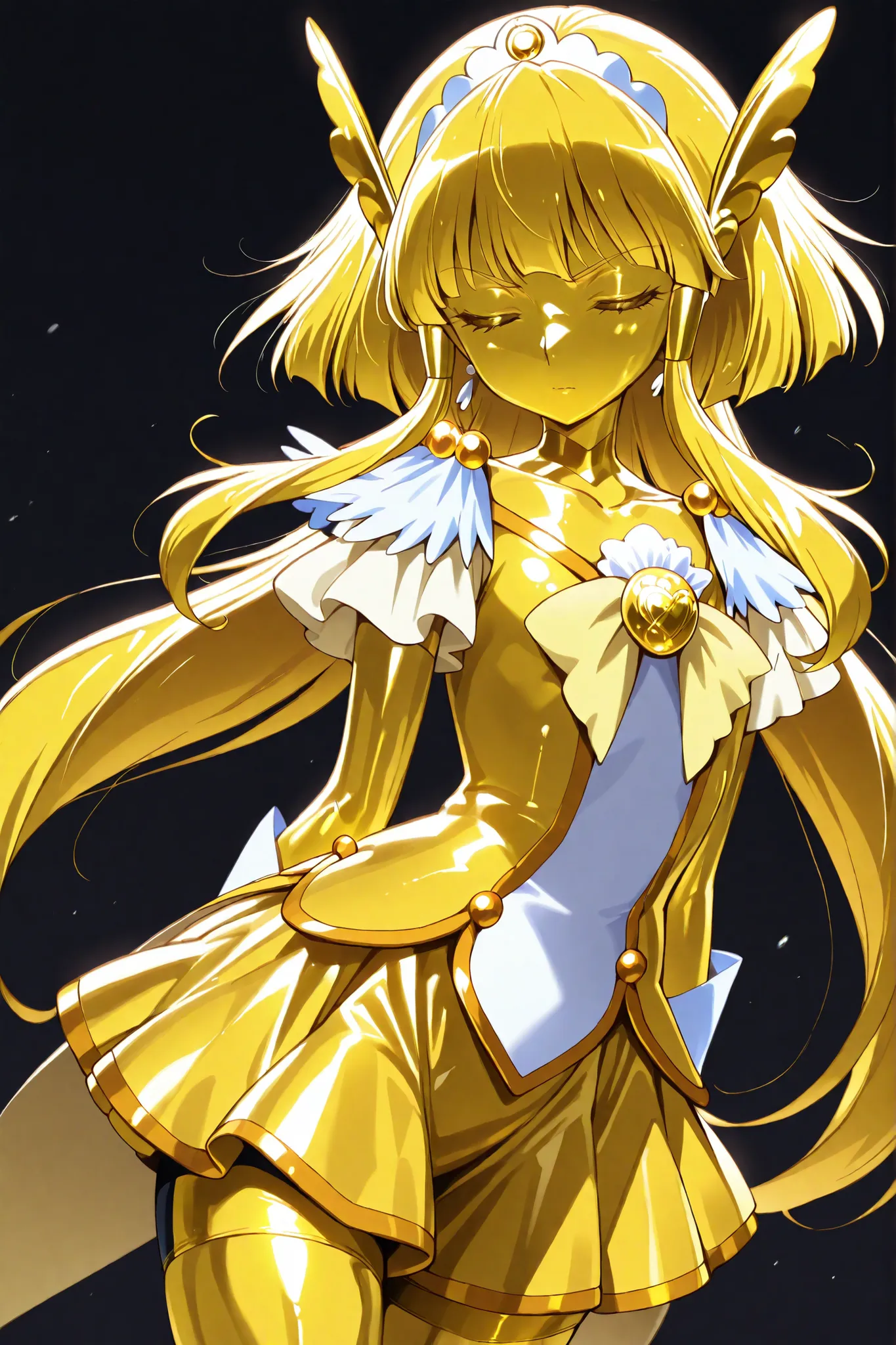 cure beauty, masterpiece, best quality, Newest, very high definition, closed eyes, yellow hair,  yellow sclera, closed mouth, No students, Yellow skin, shiny skin,  metal skin, Black eyebrows, 1girl, solo, cowboy shot, standing, Dynamic, viewers in the sta...