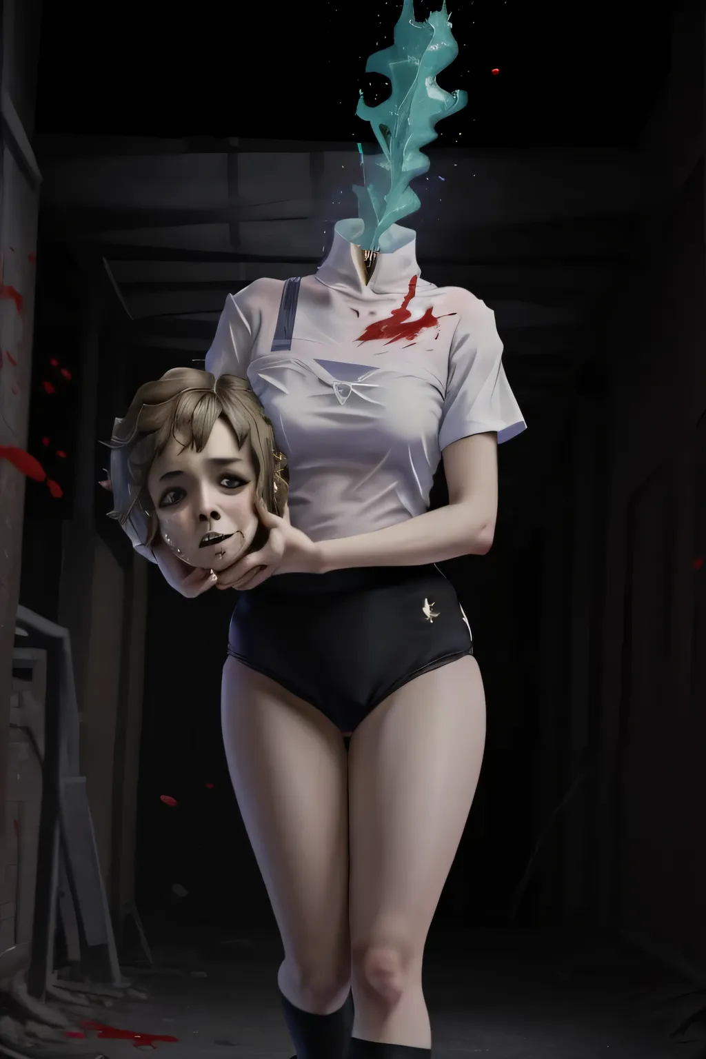 (masterpiece, official art), dullahan,  1girl, solo, wearing a black gymnastics bloomers,high leg,self wedgie,white blouse,anxious look,fear,crying,vomiting blood