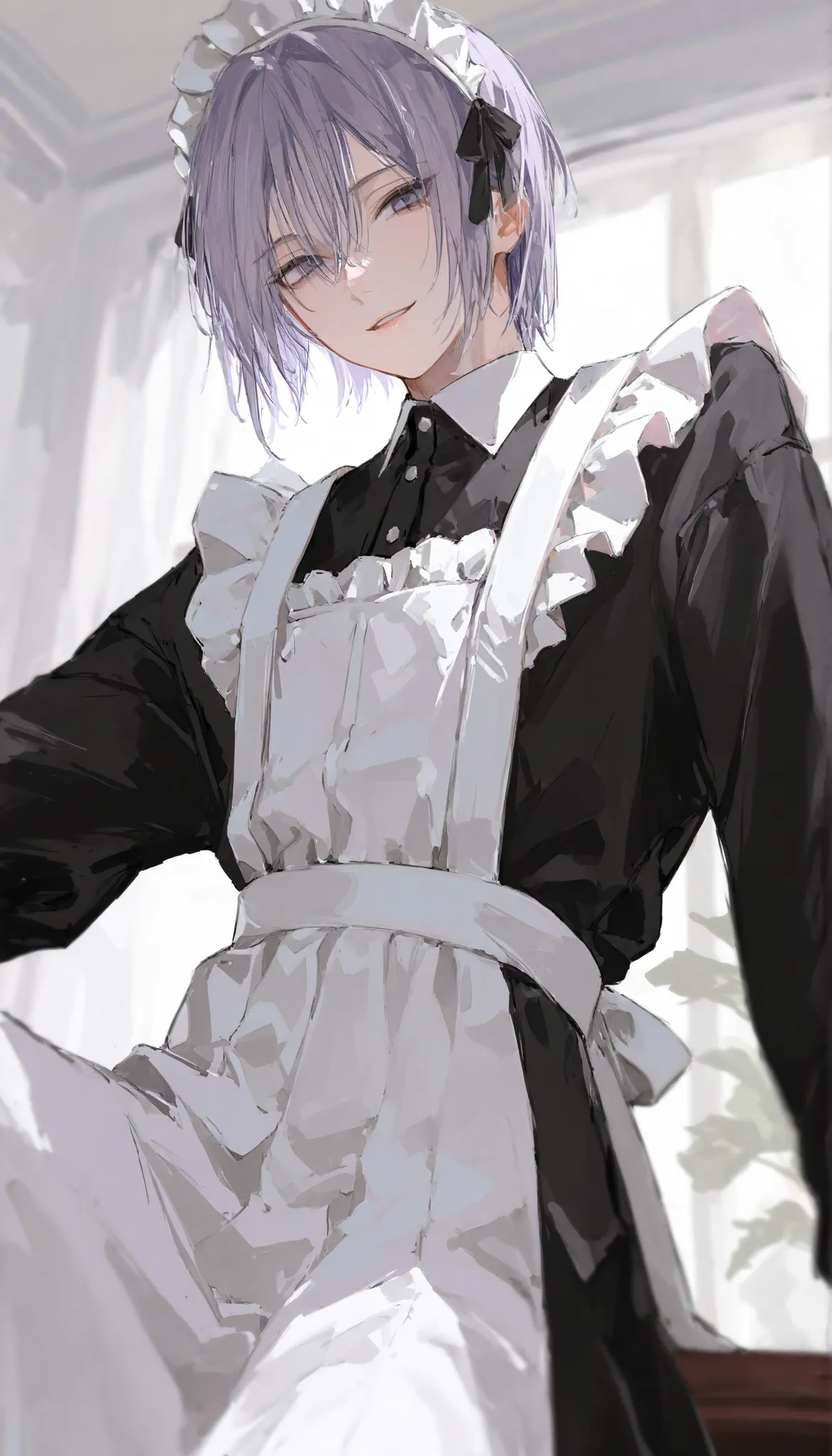male,seductive smile,pale purple hair,short hair,maid outfits,solo,slender,low angle
