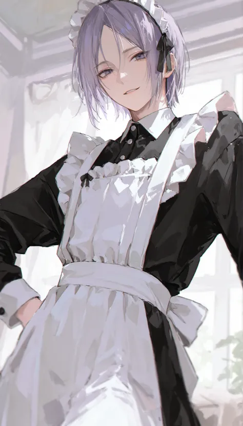 male,seductive smile,pale purple hair,short hair,maid outfits,solo,slender,low angle