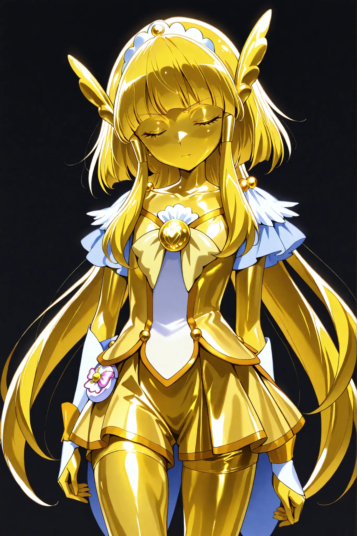 cure beauty, masterpiece, best quality, Newest, very high definition, closed eyes, yellow hair,  yellow sclera, closed mouth, No students, Yellow skin, shiny skin,  metal skin, Black eyebrows, 1girl, solo, cowboy shot, standing, Dynamic, viewers in the sta...