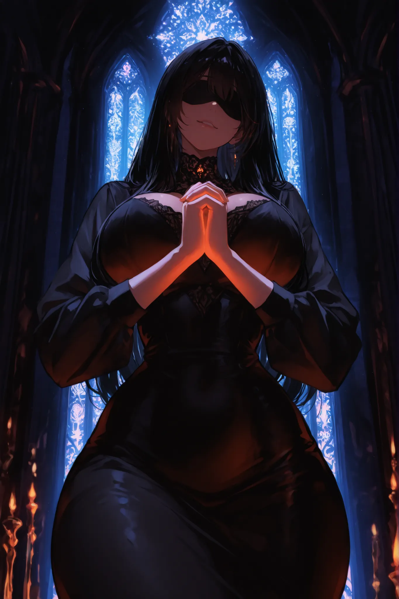Masterpiece, best quality, newest, absurdres, solo, 1girl, a tall, curvy anime woman with wide hips and big breasts, small waist, beautiful face, sultry look, black hair, straight long hair,  black dress, wearing a blind fold, gentle smile, hands together,...