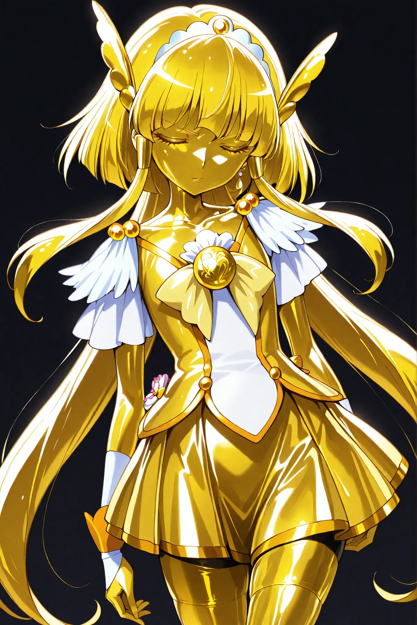 cure beauty, masterpiece, best quality, Newest, very high definition, closed eyes, yellow hair,  yellow sclera, closed mouth, No students, Yellow skin, shiny skin,  metal skin, Black eyebrows, 1girl, solo, cowboy shot, standing, Dynamic, viewers in the sta...