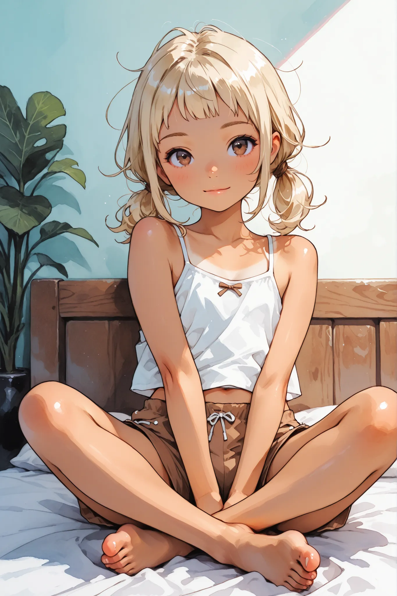 1girl,Super Detailed,absolute resolution,(dynamic angles),(tanned skin:0.3),((pinup)),looking at  viewer,sitting on bed,indian style,v arms,(arched back),(((white Spaghetti Strap Camisole))),(((midriff peek))),(brown mini Culottes),Bare Foot,flat chest,(Sh...