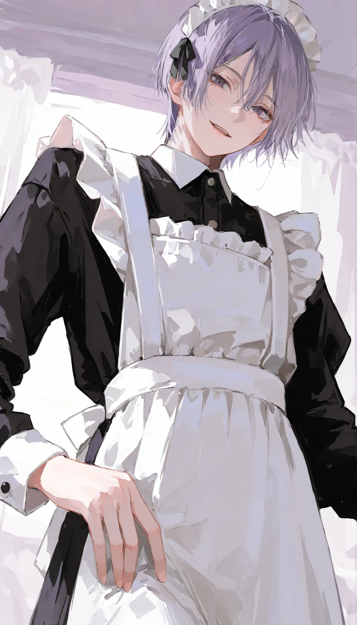 male,seductive smile,pale purple hair,short hair,maid outfits,solo,slender,low angle