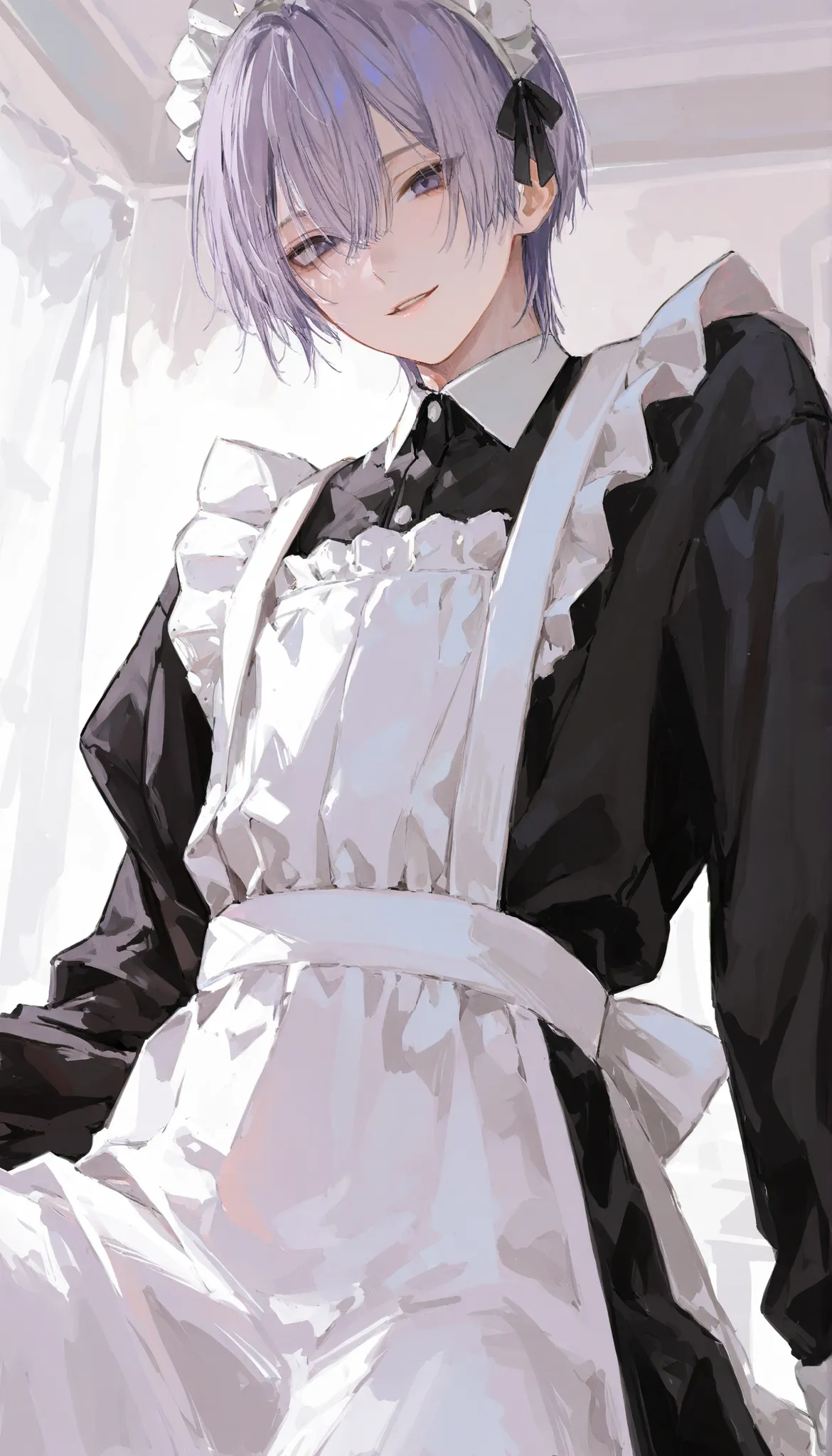 male,seductive smile,pale purple hair,short hair,maid outfits,solo,slender,low angle