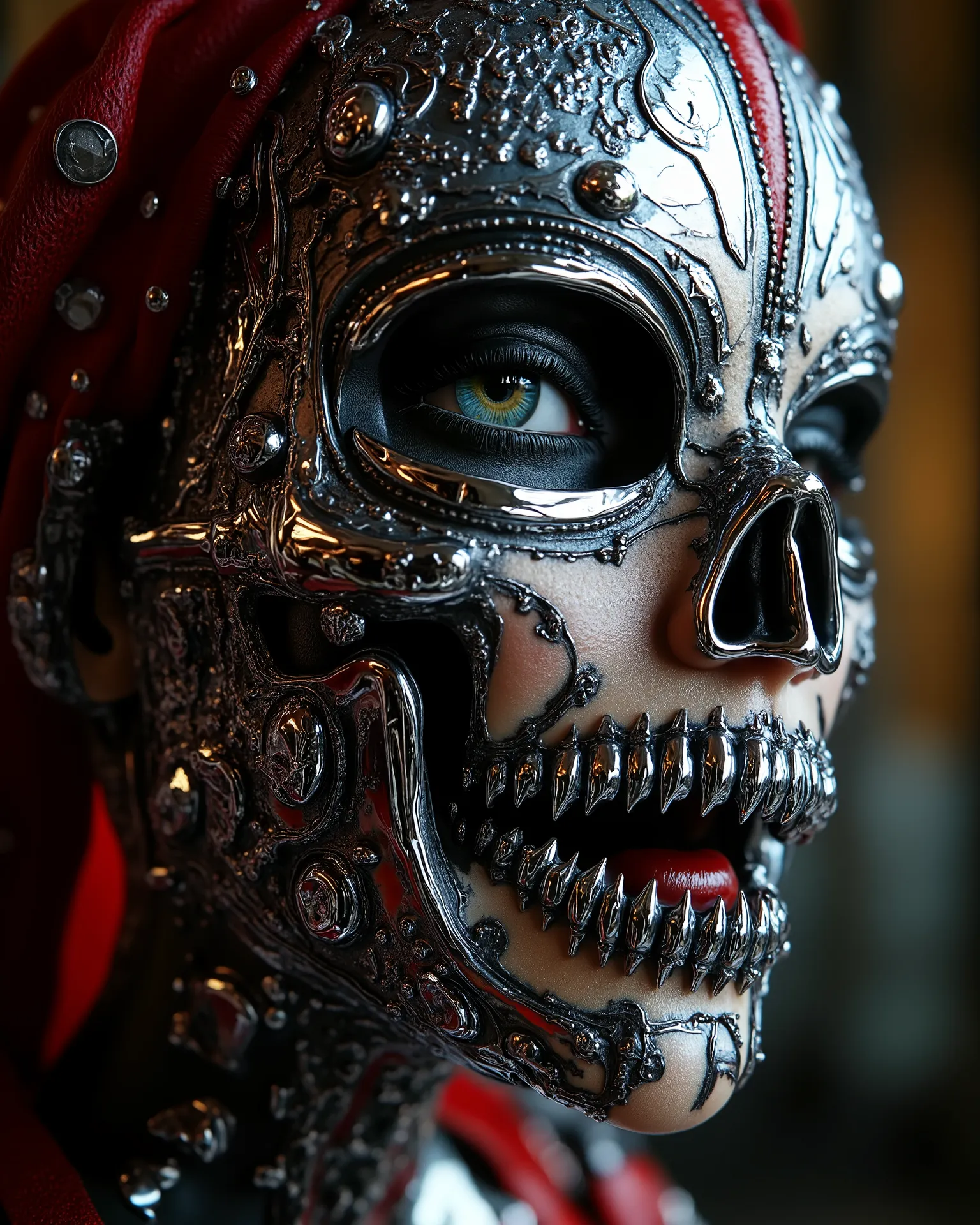 A Close-up of the, Jim Burns punk style, Russian model with her hidden face with a chrome mask, shows us her barbed heart with hundreds of steel thorns, design has chrome pieces inside., The masterpiece of the art