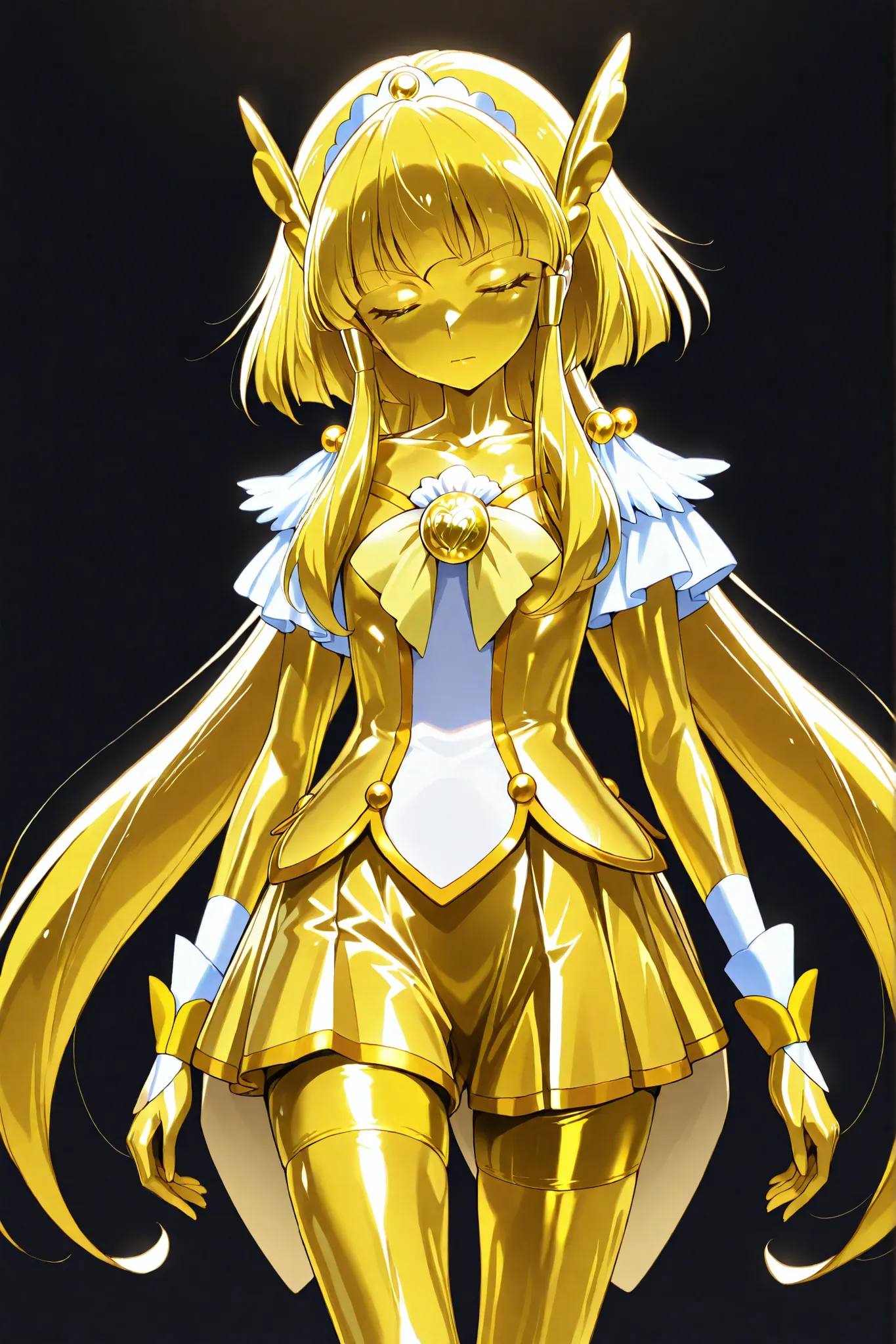 cure beauty, masterpiece, best quality, Newest, very high definition, closed eyes, yellow hair,  yellow sclera, closed mouth, No students, Yellow skin, shiny skin,  metal skin, Black eyebrows, 1girl, solo, cowboy shot, standing, Dynamic, viewers in the sta...