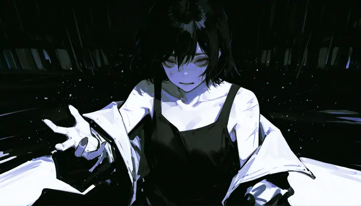 (1girl:1.4), manga-style black and white ink drawing, high contrast line art, traditional Japanese manga aesthetics, front-facing composition, close-up from torso up. The girl stands still, staring intensely at her own open hand, fingers fully spread — a g...