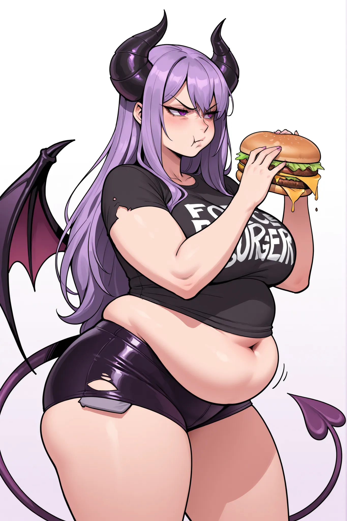 masterpiece, 8K, succubus girl, seductive, chubby, curved black horns, heavy metal t-shirt outfit, tight shorts, dominating, unsatisfied, annoyed, purple eyes, purple long hair, completely ripped outgrown outfit, obese, weight gain, force feeding session, ...
