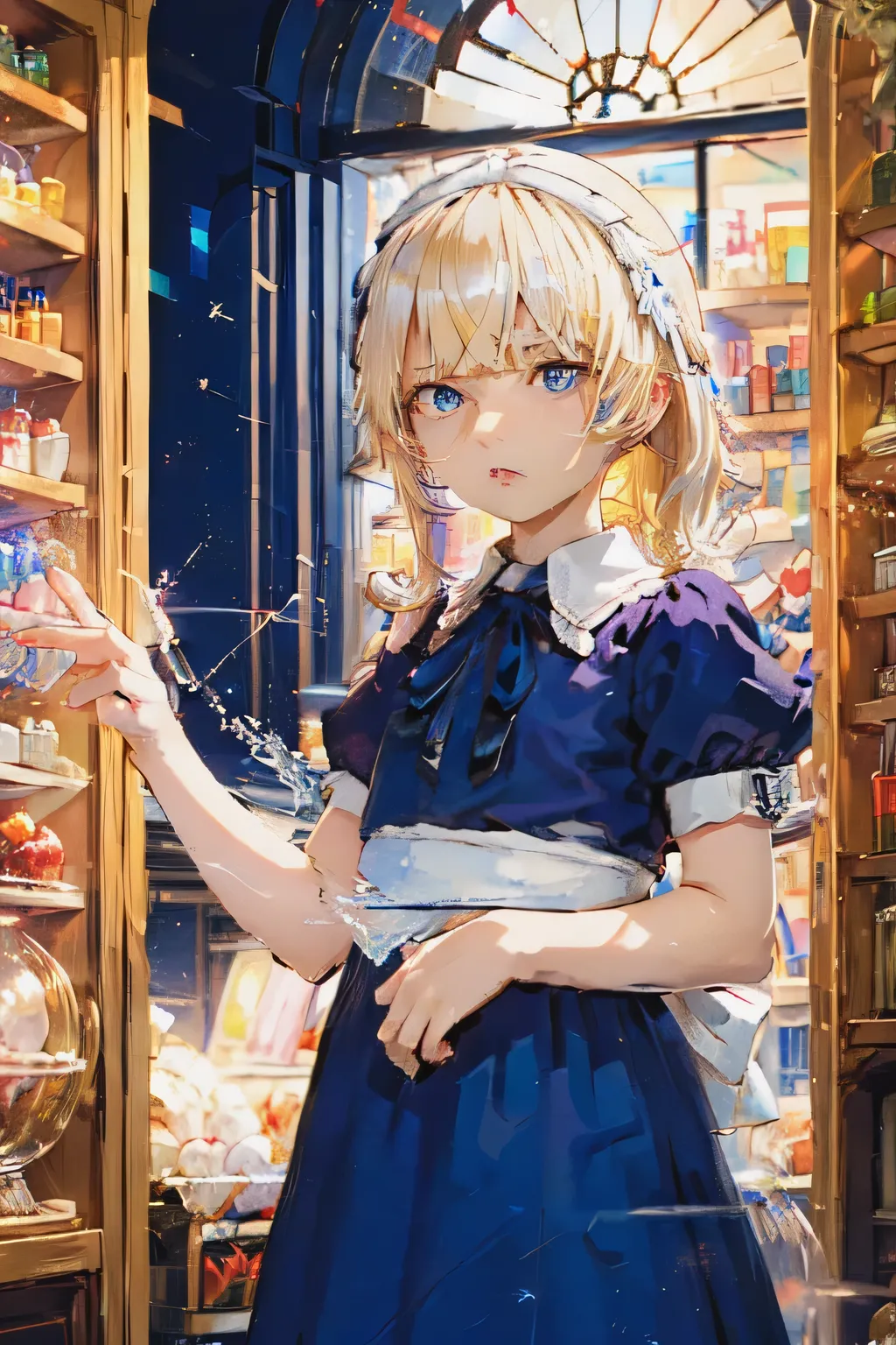 A young girl with blonde hair and bright blue eyes, wearing a charming navy blue and white combination dress and a simple white hairband, in a candy shop with a glass display case packed with a variety of sugary treats and shelves filled with various treat...