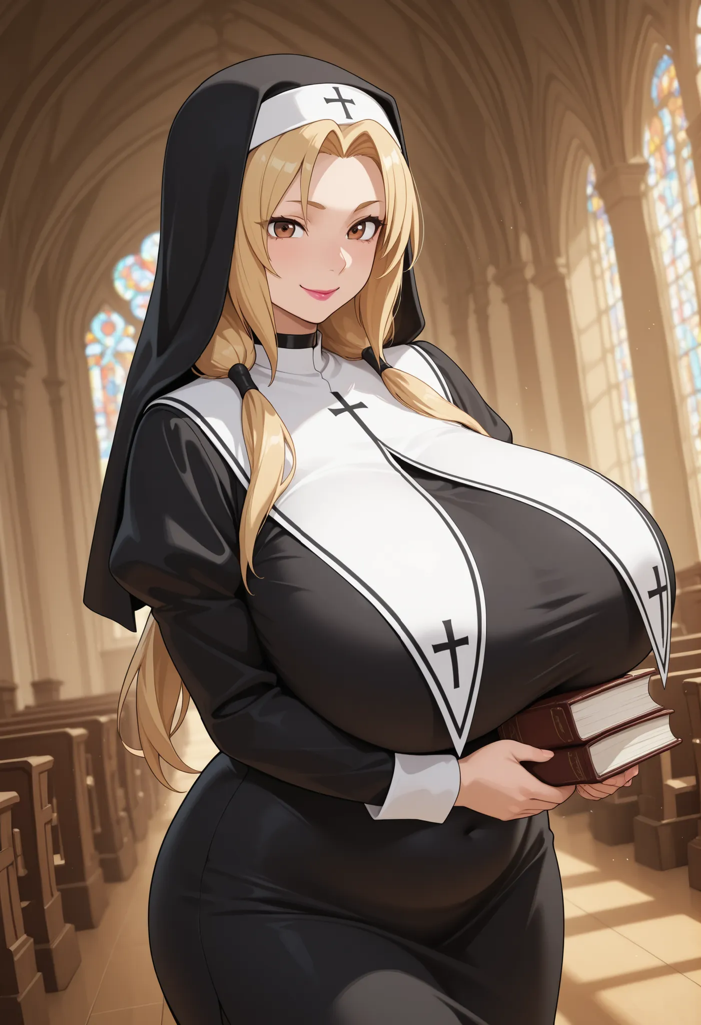 Tsunade Senju . Grandmother . long , blond hair tied in two ponytails . brown eyes . pink lipstick . gigantic breasts . chubby. choker , |  church, church seats, nun, holding bible, lectern, smile, audience looking on, solo, cowboy shot, dutch angle, hdr, ...