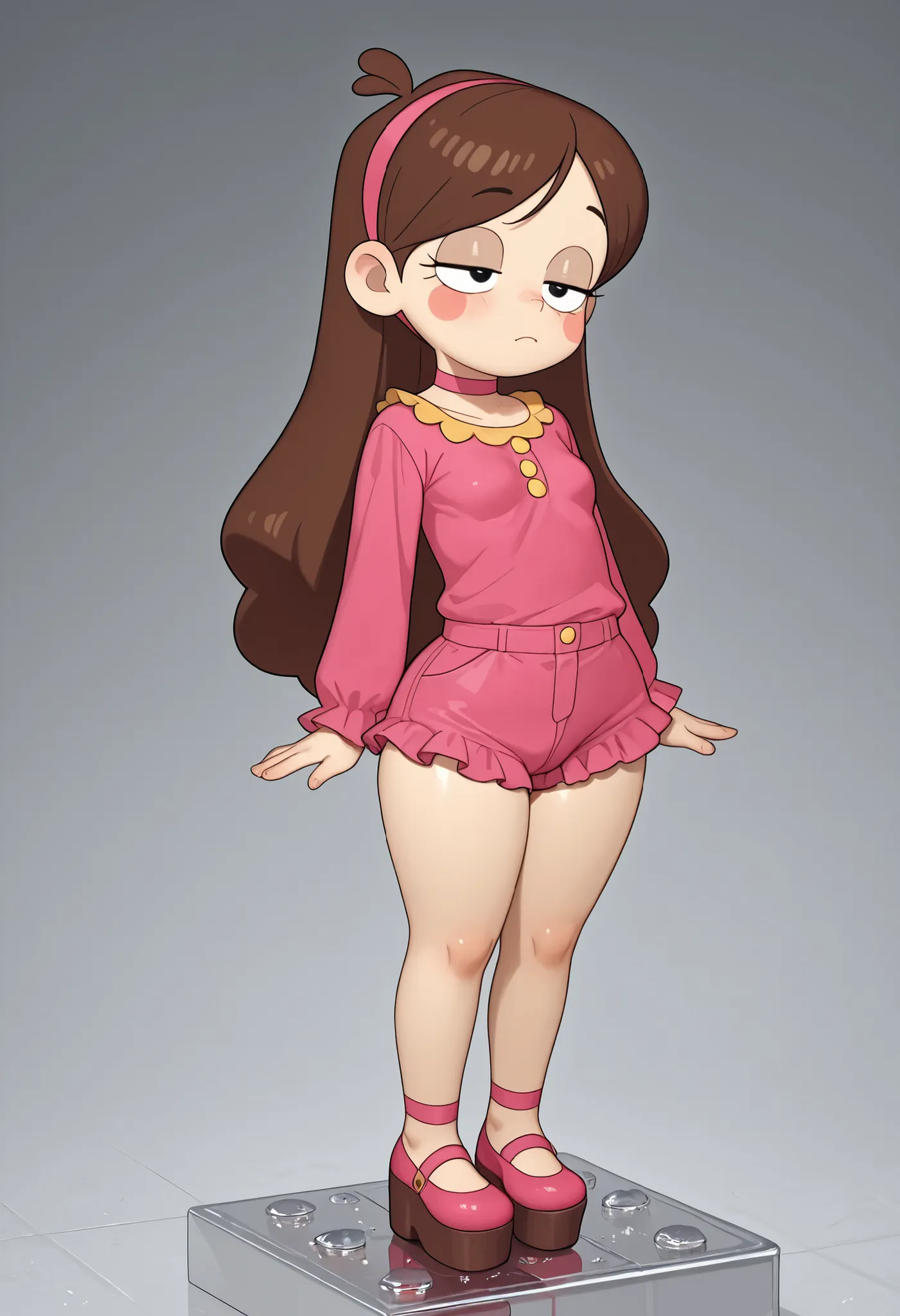 Mabel Pines, blush stickers, brown hair. black eyes. half-closed eyes, small breasts, huge hips. long eyelashes, choker. | score_9, score_8_up, score_7_up, faux figurine, nendoroid, full body, figure, platform, solo, Anime, 1girl, masterpiece, best quality...