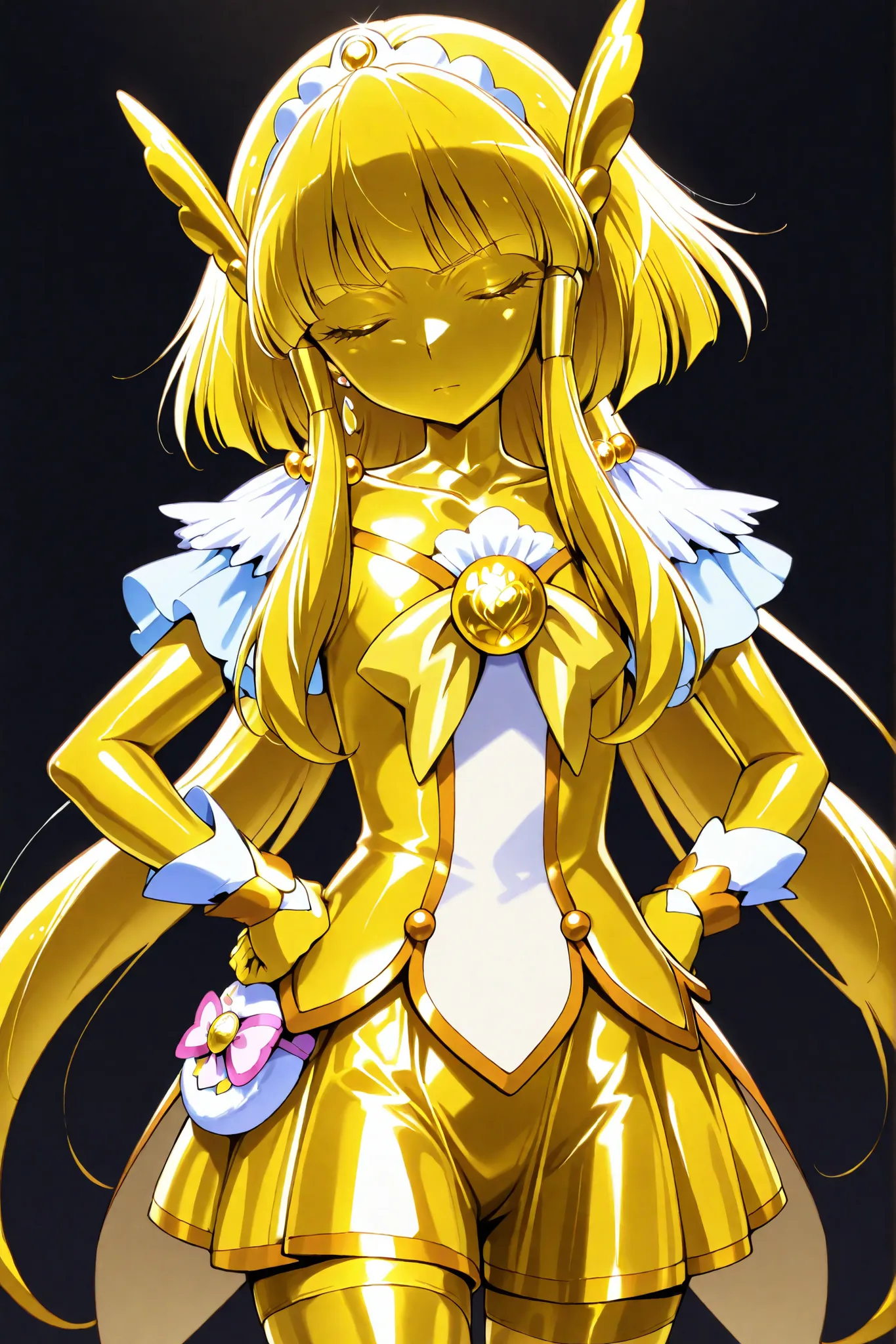 cure beauty, masterpiece, best quality, Newest, very high definition, closed eyes, yellow hair,  yellow sclera, closed mouth, No students, Yellow skin, shiny skin,  metal skin, Black eyebrows, 1girl, solo, cowboy shot, standing, Dynamic, watching viewers, ...