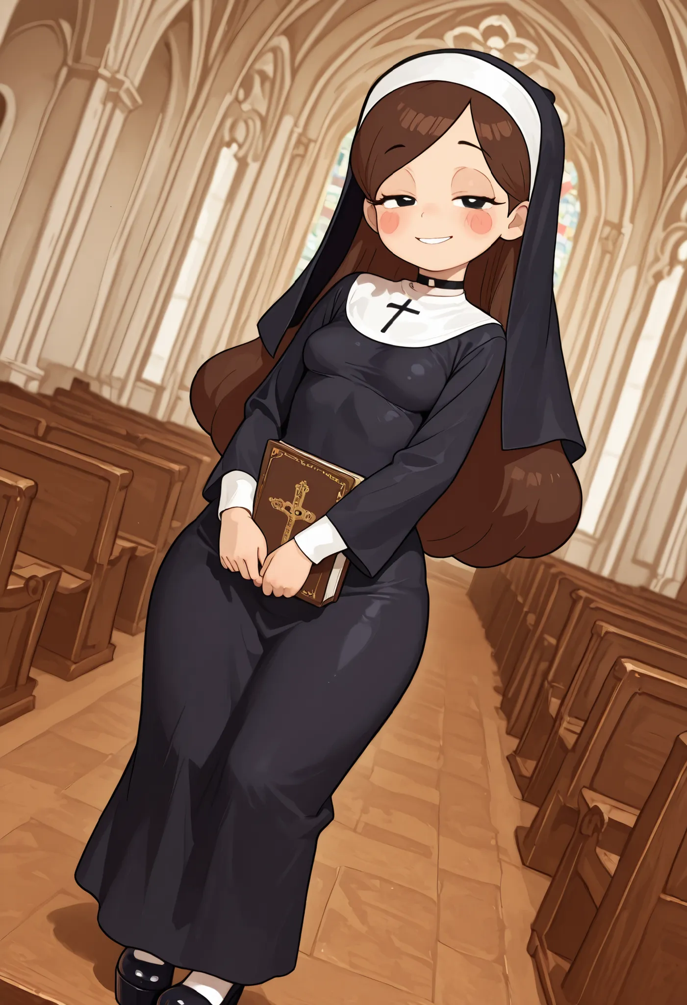 Mabel Pines, blush stickers, brown hair. black eyes. half-closed eyes, small breasts, huge hips. long eyelashes, choker. | score_9, score_8_up, score_7_up, faux figurine, nendoroid, full body, figure, platform, solo, Anime, 1girl, masterpiece, best quality...