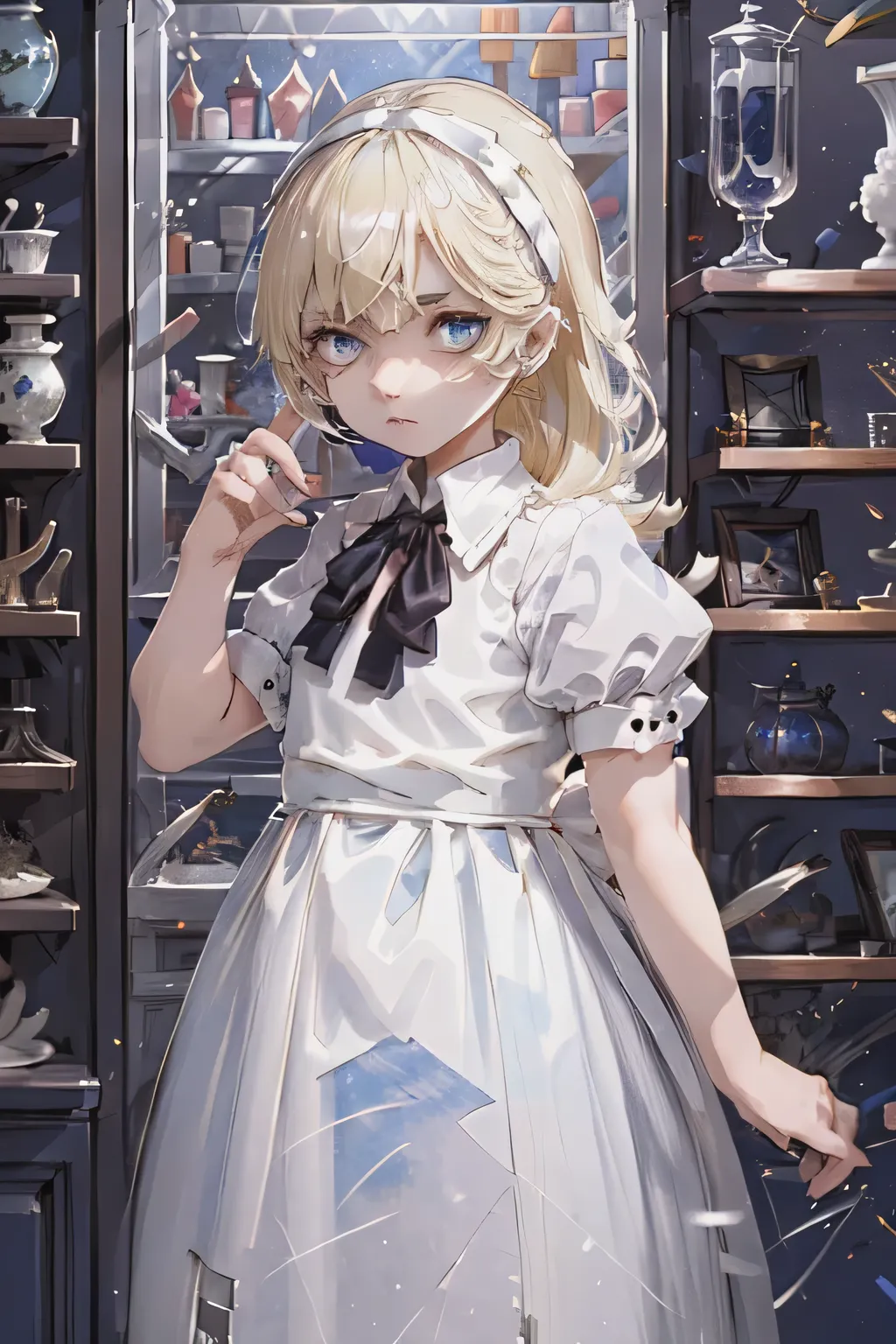 A young girl with blonde hair and bright blue eyes, wearing a charming navy blue and white combination dress and a simple white hairband, in a candy shop with a glass display case packed with a variety of sugary treats and shelves filled with various treat...