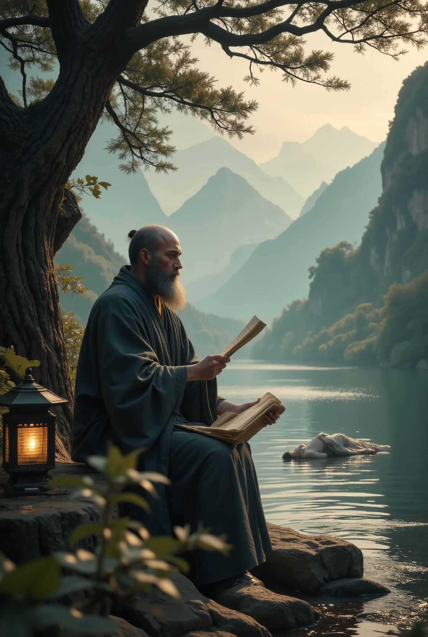  (RAW image), absurdres, 8K HDR, high detail, A contemplative Italian elder bald /(saint francis black hair, bald short-goat-bearded)/ short bearded sitting man in flowing robes sits beneath a pine tree, gazing at the mountains across a tranquil lake. A st...
