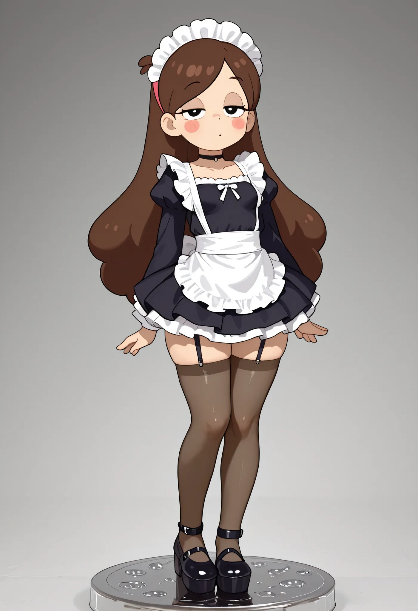 Mabel Pines, blush stickers, brown hair. black eyes. half-closed eyes, small breasts, huge hips. long eyelashes, choker. | score_9, score_8_up, score_7_up, faux figurine, nendoroid, full body, figure, platform, solo, Anime, 1girl, masterpiece, best quality...