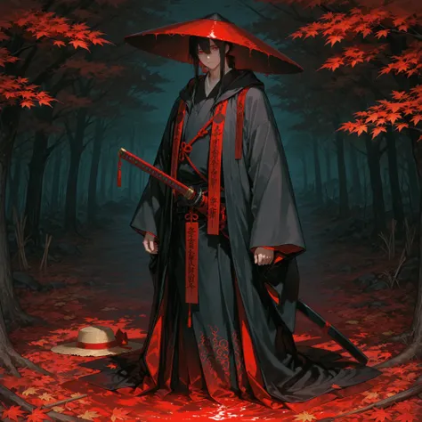 748cmstyle,1man, Lone ronin with dark tattered robes and a long cursed katana wrapped in talismans, Worn straw hat, Standing under red autumn leaves, Haunted expression