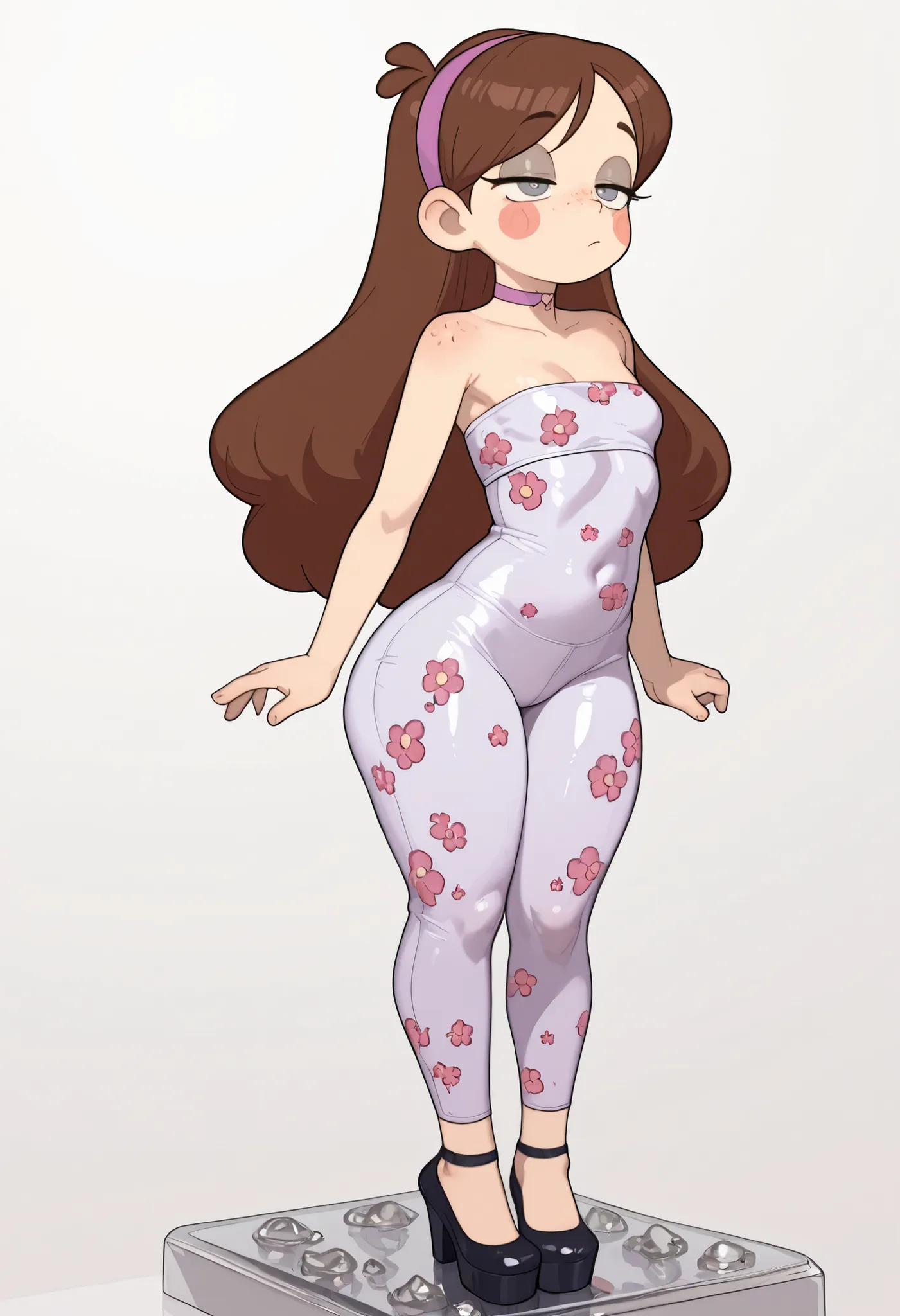 Mabel Pines, blush stickers, brown hair. black eyes. half-closed eyes, small breasts, huge hips. long eyelashes, choker. | score_9, score_8_up, score_7_up, faux figurine, nendoroid, full body, figure, platform, solo, Anime, 1girl, masterpiece, best quality...