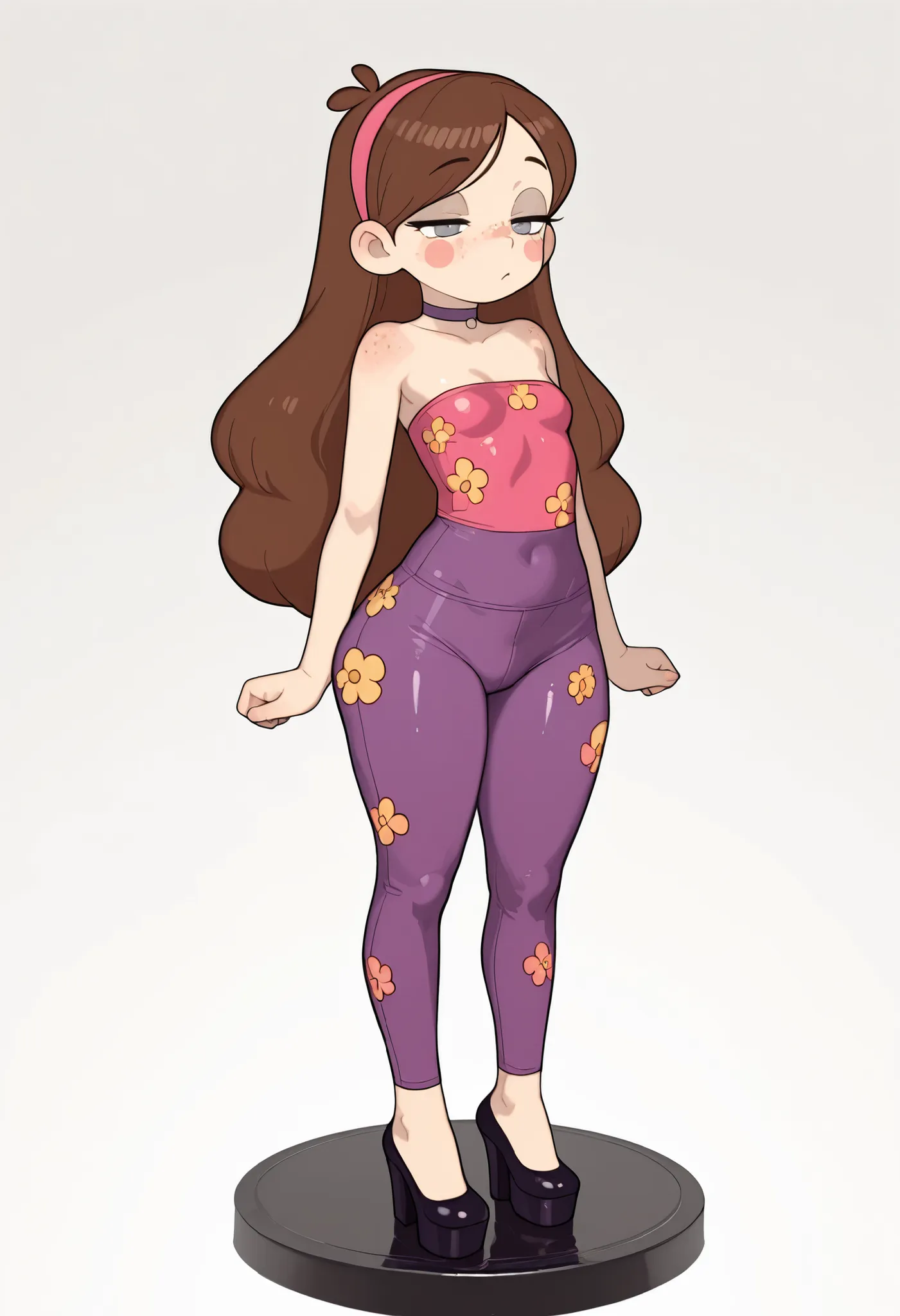 Mabel Pines, blush stickers, brown hair. black eyes. half-closed eyes, small breasts, huge hips. long eyelashes, choker. | score_9, score_8_up, score_7_up, faux figurine, nendoroid, full body, figure, platform, solo, Anime, 1girl, masterpiece, best quality...