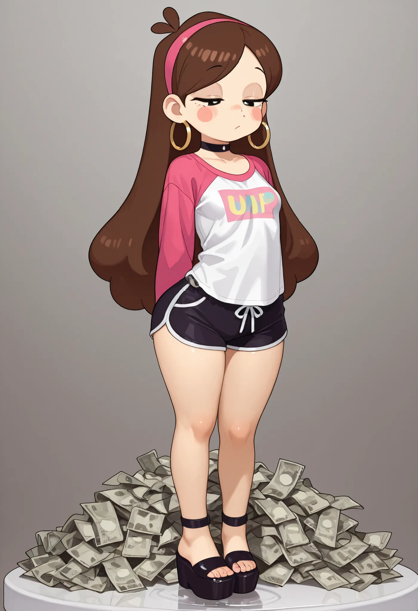 Mabel Pines, blush stickers, brown hair. black eyes. half-closed eyes, small breasts, huge hips. long eyelashes, choker. | score_9, score_8_up, score_7_up, faux figurine, nendoroid, full body, figure, platform, solo, Anime, 1girl, masterpiece, best quality...