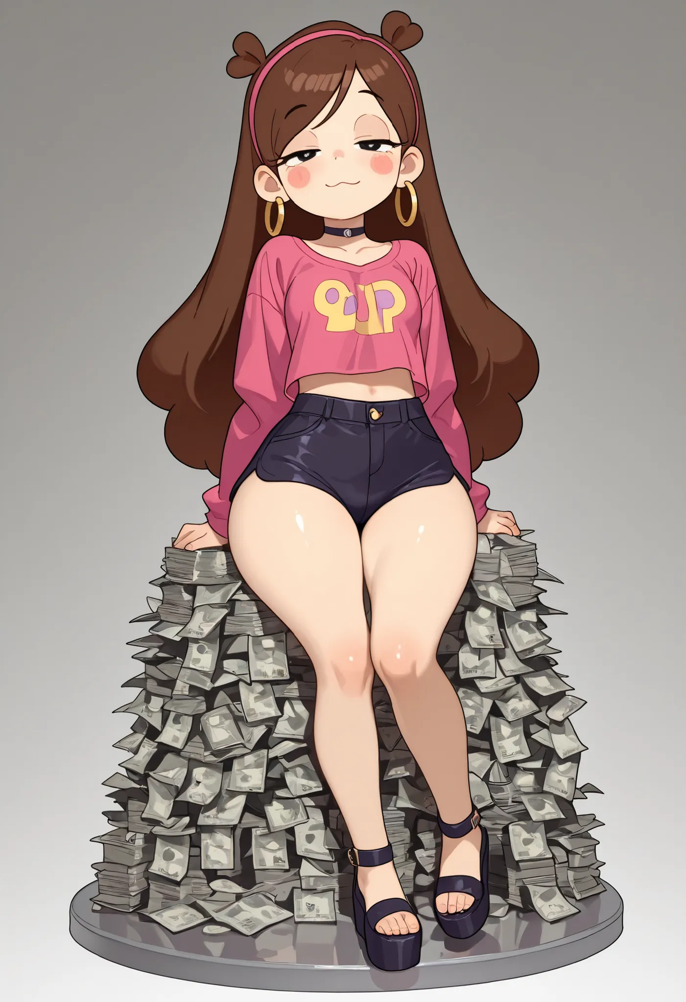 Mabel Pines, blush stickers, brown hair. black eyes. half-closed eyes, small breasts, huge hips. long eyelashes, choker. | score_9, score_8_up, score_7_up, faux figurine, nendoroid, full body, figure, platform, solo, Anime, 1girl, masterpiece, best quality...