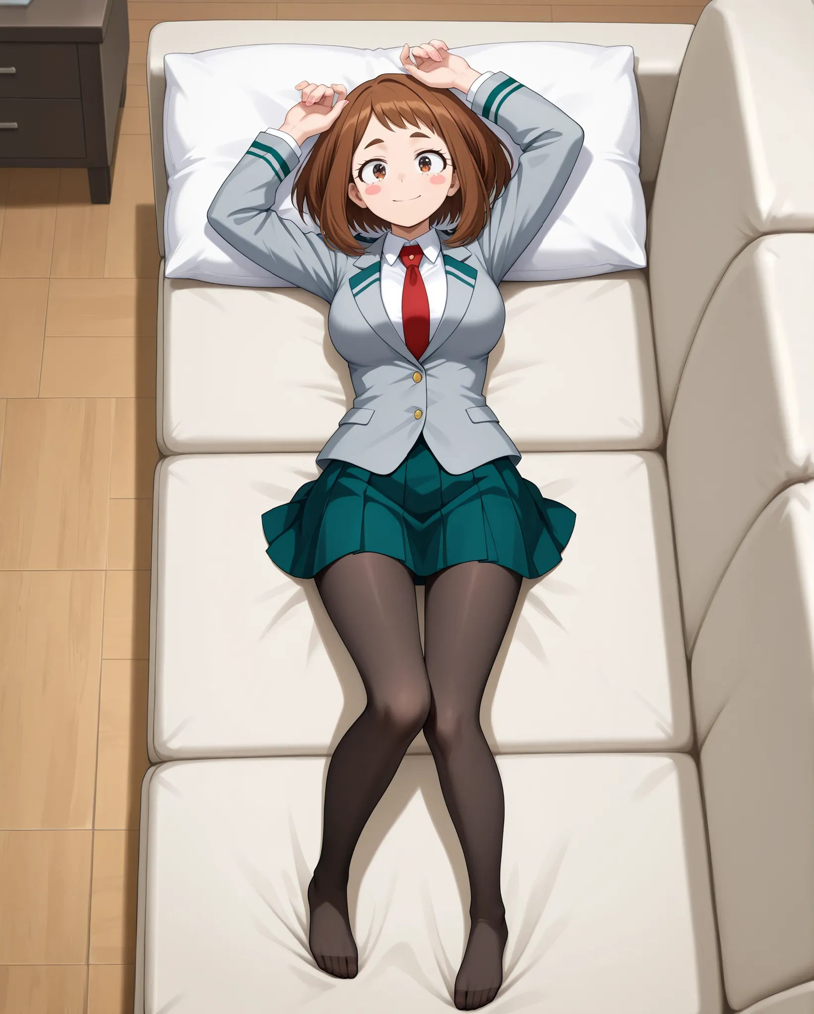 (open eyes, eyes wide open, happy, neutral expression, 
female on back, laying on back, full body, from above, arms up,) large breasts, 

	Ochako Uraraka \My hero academia\, 
brown hair, brown eyes, short hair, blush stickers, medium breasts, 

u.a. school...