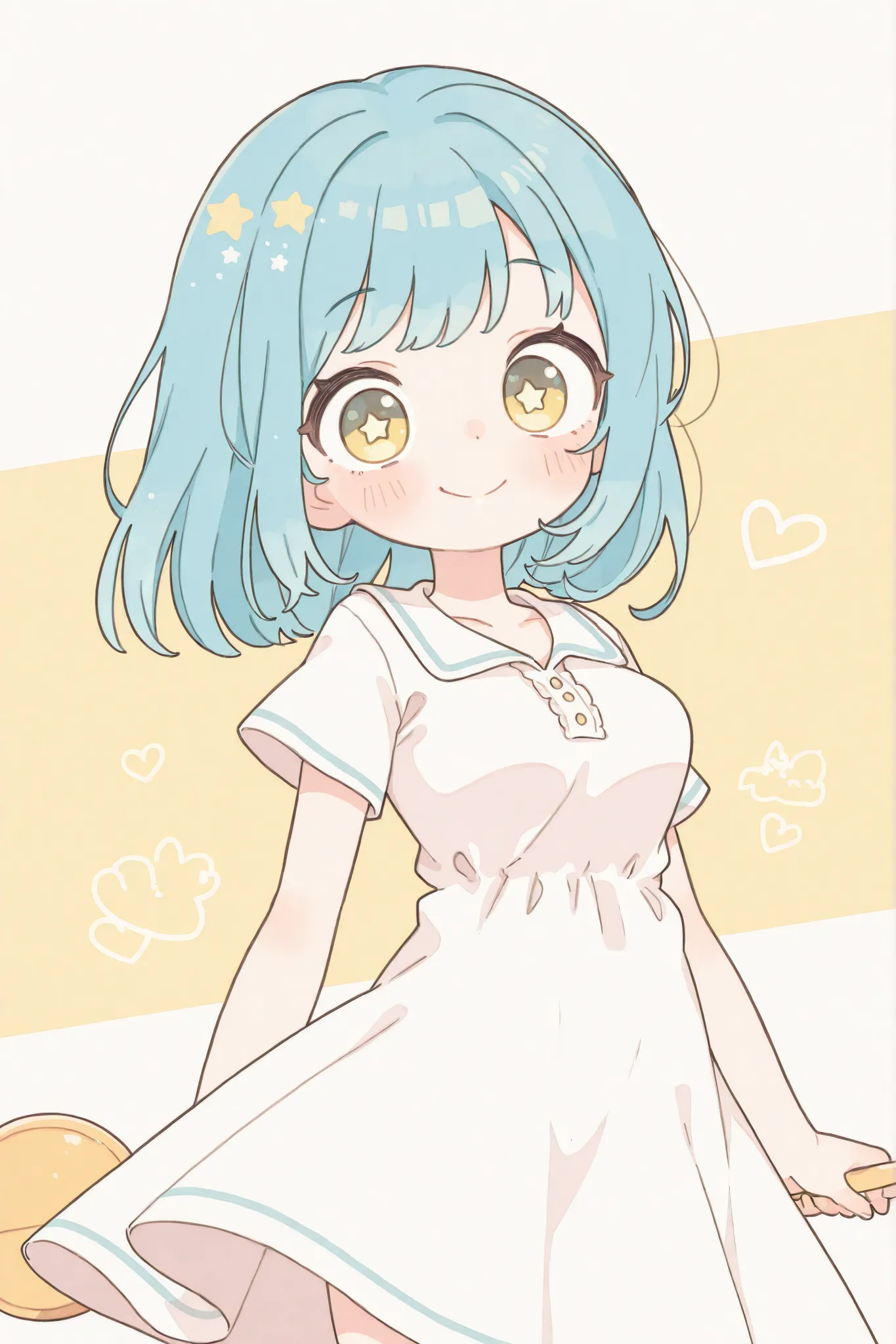 solo, 1girl\(cute, cute,small ,Sky blue hair,SHORT STRAIGHT HAIR,yellow eyes,detailed pupils, Wear a simple dress, big eyes,smile,cute,dynamic angle\). plain background\(simple,cute,Sign symbol\(hearts,Star\)\). BREAK .. BREAK .masterpiece, high score, gre...