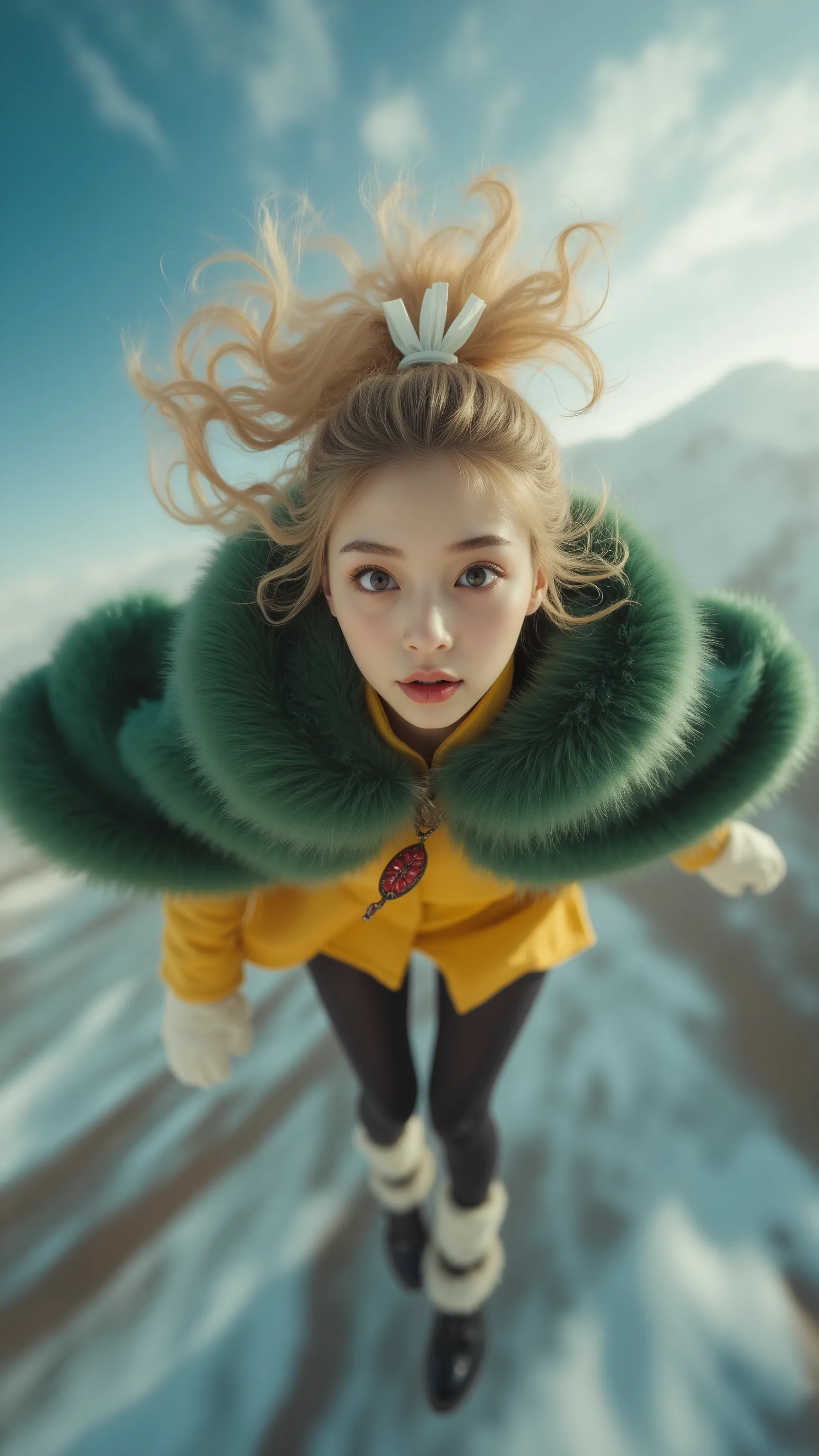 Flying Girl、low-angle view / worm’s-eye viewん、acrobatic pose、close-up、big eyes with double eyelids、((transcendental amazing illustration, 8k, masterpiece :1.2, Sharp Concentration in Naked Clothes :1.2, shallow depth of field:1.2)), Beautiful Swordsman, Ri...