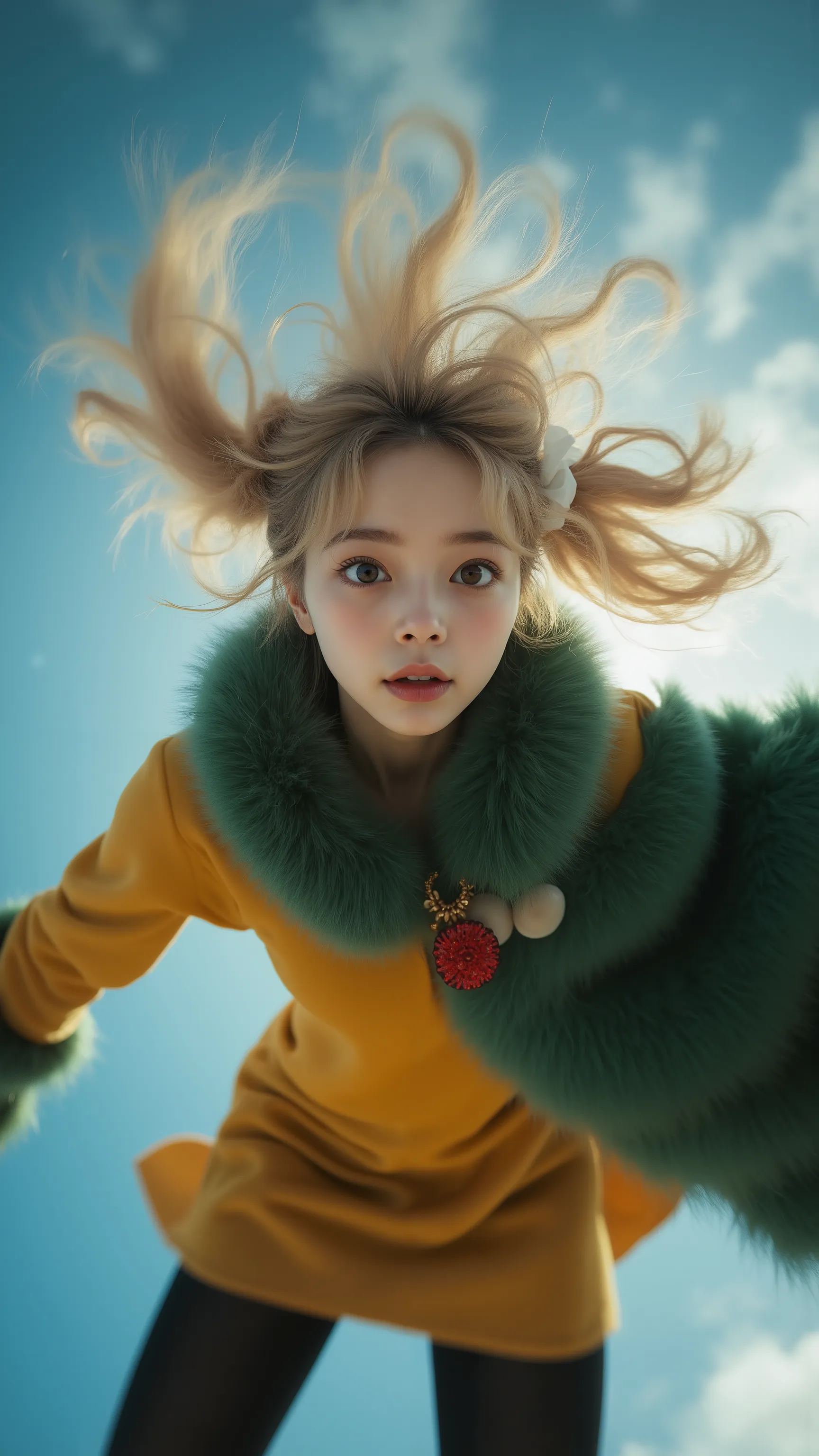Flying Girl、low-angle view / worm’s-eye viewん、acrobatic pose、close-up、big eyes with double eyelids、((transcendental amazing illustration, 8k, masterpiece :1.2, Sharp Concentration in Naked Clothes :1.2, shallow depth of field:1.2)), Beautiful Swordsman, Ri...
