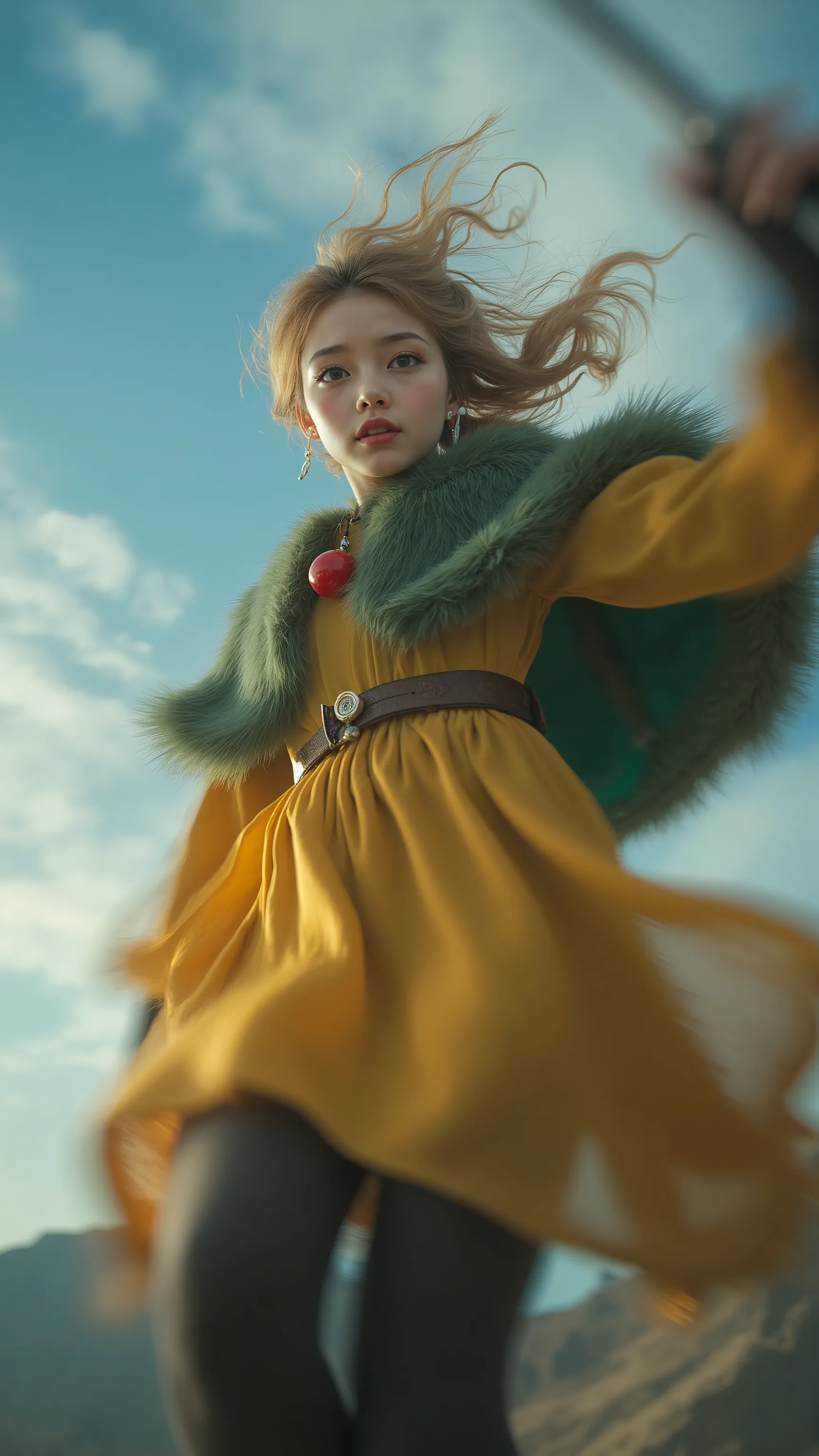 Flying Girl、low-angle view / worm’s-eye viewん、acrobatic pose、close-up、big eyes with double eyelids、((transcendental amazing illustration, 8k, masterpiece :1.2, Sharp Concentration in Naked Clothes :1.2, shallow depth of field:1.2)), Beautiful Swordsman, Ri...