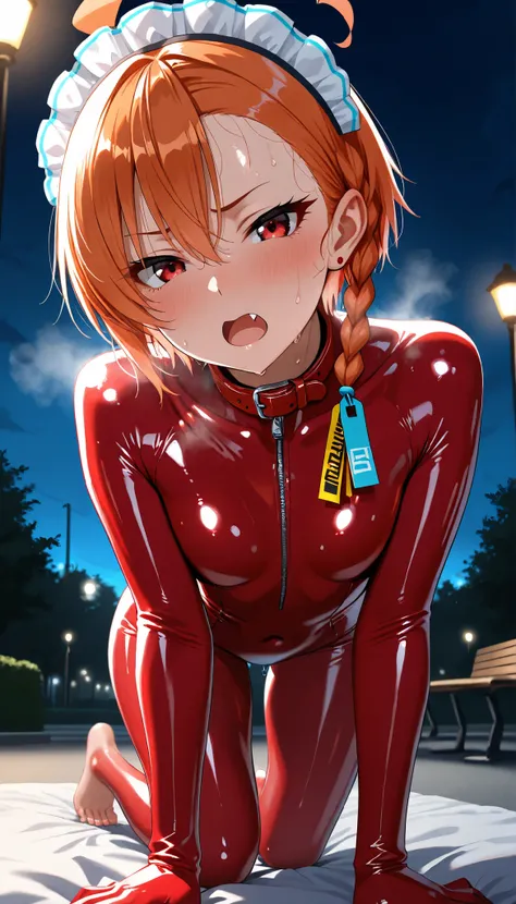 (masterpiece, Highest quality, Ultra-high resolution), 1girl, Mikamo Neru, maid headdress, orange hair, red eyes, fang, yaeba, (red latex bodysuit), Glossiness, shiny, sweat, steamy, feet, Sweat, Stuffy, steamy, Glossiness, shiny, covered navel, glossy sk...