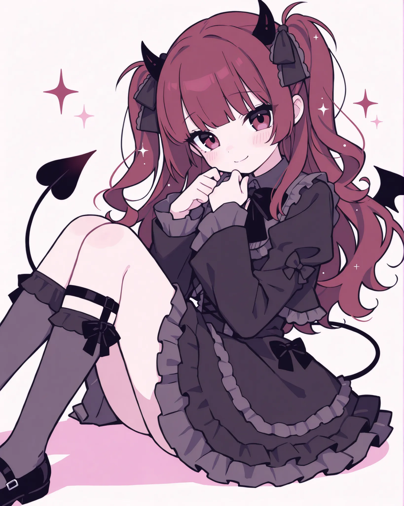 Small anime demon girl, shojo style illustration, short dark red hair with soft waves and small black horns, pinkish eyes with sparkles, soft blush and delicate smile, wearing a gothic lolita dress with ribbons and lace, sitting with knees up, white backgr...