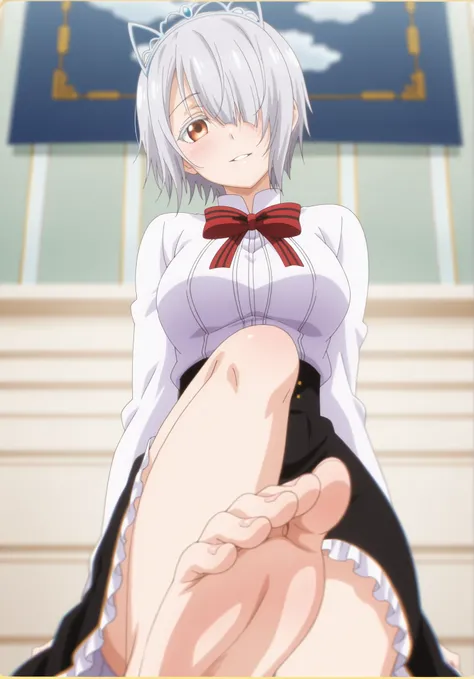 anime_source, source_anime, ((anime screencap)), anime drawing, (masterpiece), best quality, best illustration

1girl, solo, parted lips, light smile, blush, yandere
short hair, hair over one eye, grey hair, looking at viewer, athletic body,
((white backgr...